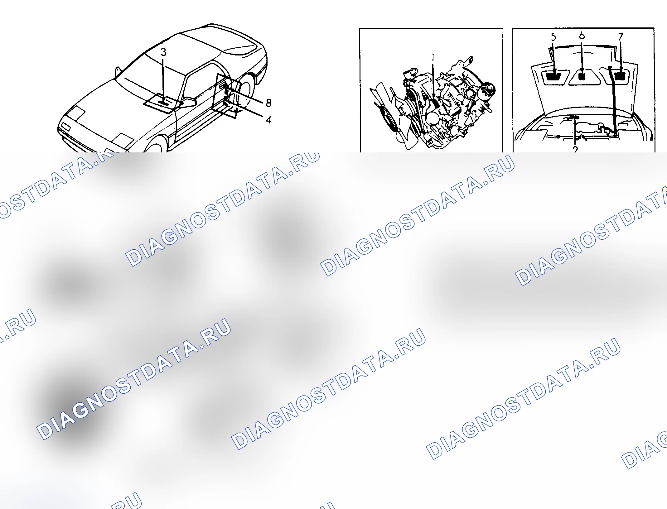 Рис. 7: РАСПОЛОЖЕНИЕ ИНФОРМАЦИОННЫХ МЕТОК. Mazda RX-7 V
