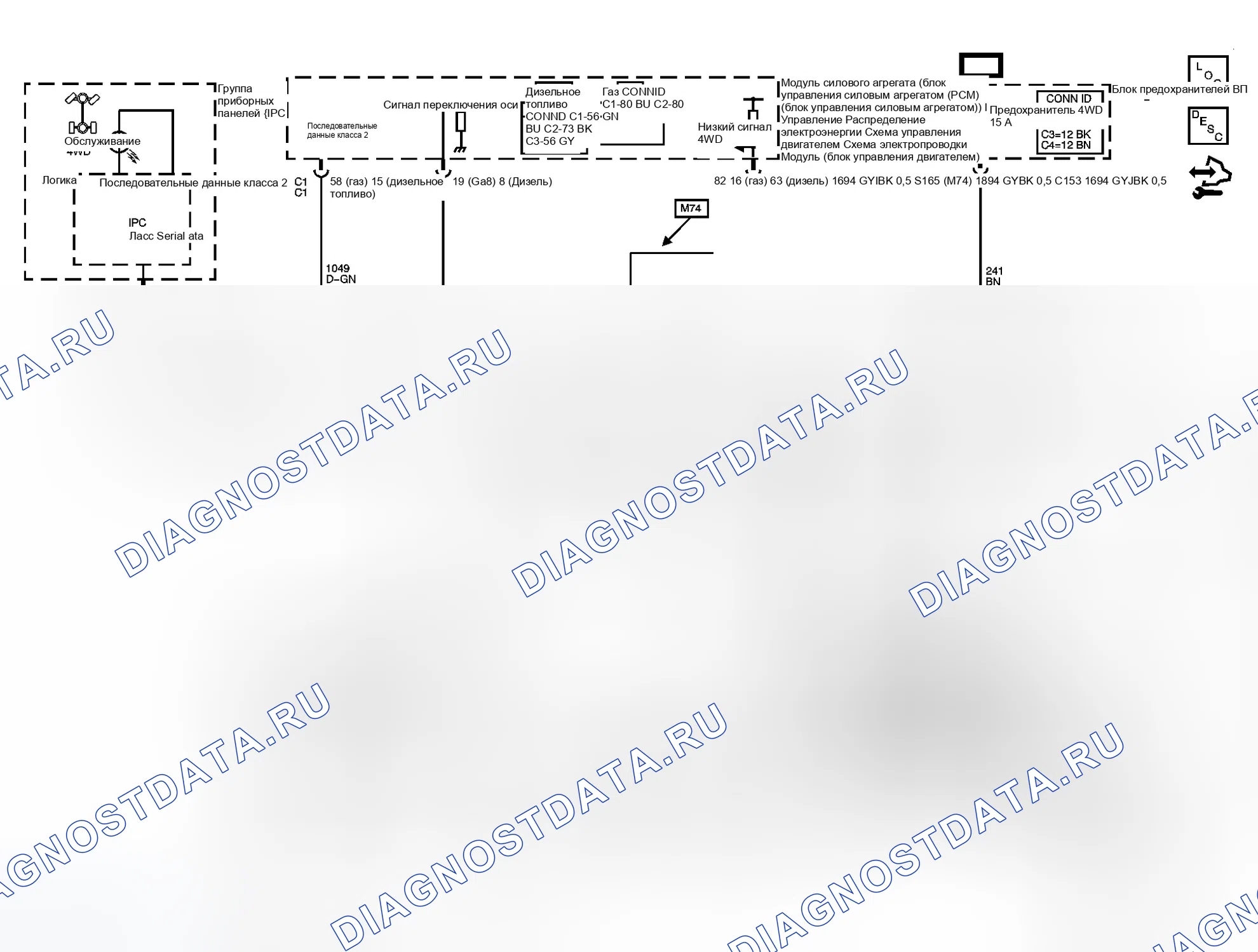 Рис. 1: Схема управления раздаточной коробкой. GMC Cab & Chassis Sierra 3500 