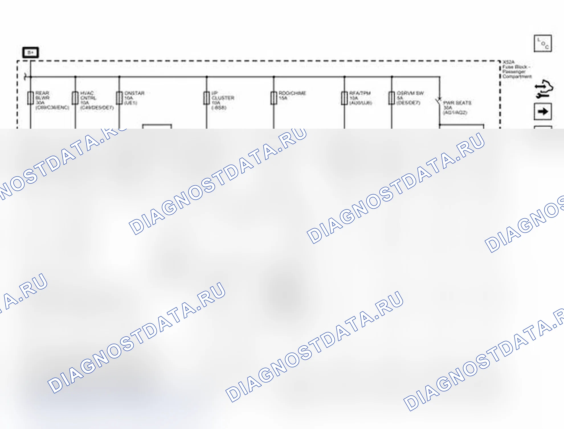 Рис. 169: Кондиционирование CNTRL, I/P CLUSTER, ONSTAR, OSRVM SW, RDO/CHIME, задний BLWR, и RFA/TPM предохранители и PWR сиденья Cir. Chevrolet Express G1500 