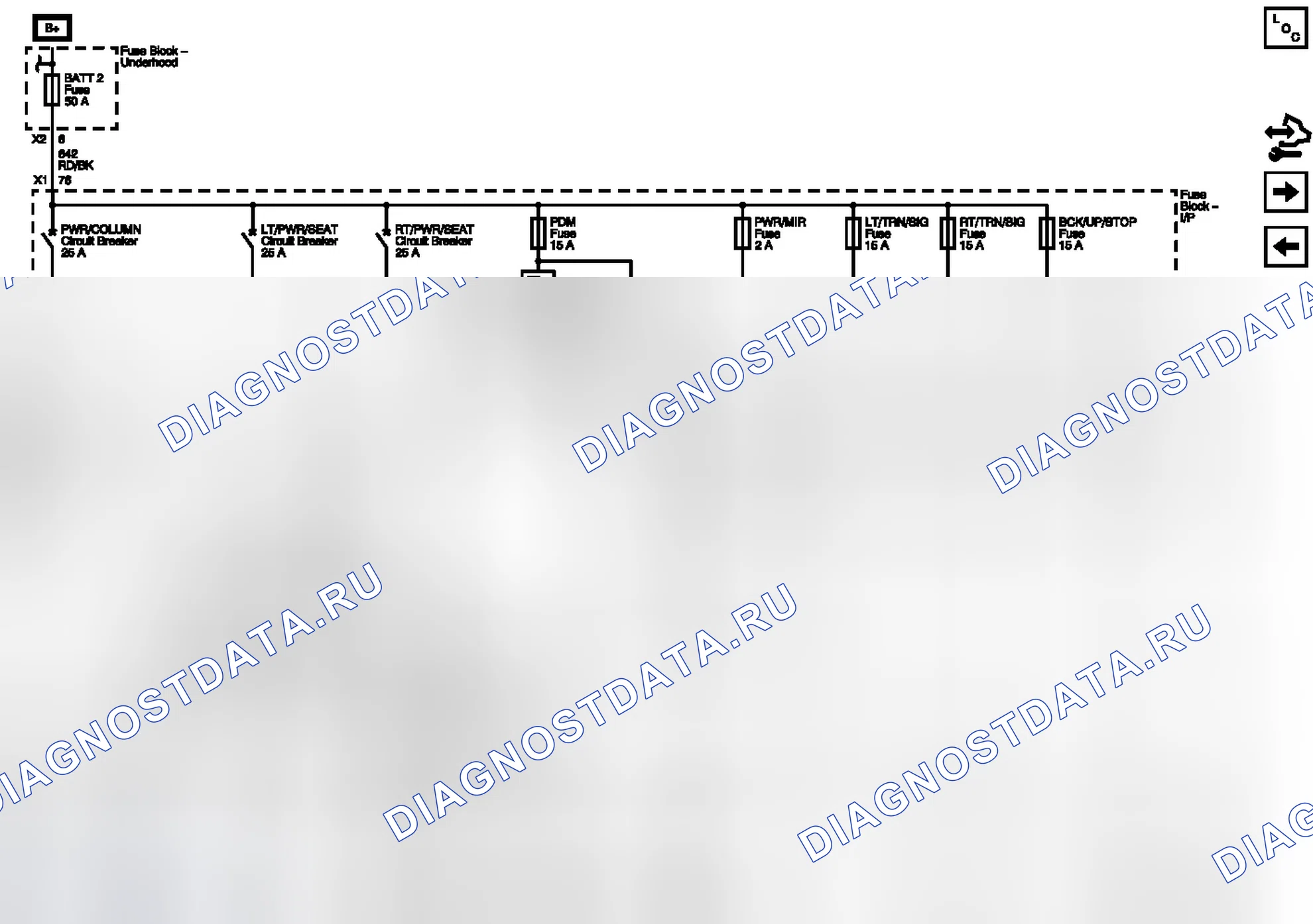 Рис. 39: Предохранители BATT 2, BCK/UP/STOP, HTD/сиденье, LT/TRN/SIG, PDM, PWR/MIR и RT/TRN/SIG, LT/PWR/сиденье, PWR/COLU.. Buick Enclave I