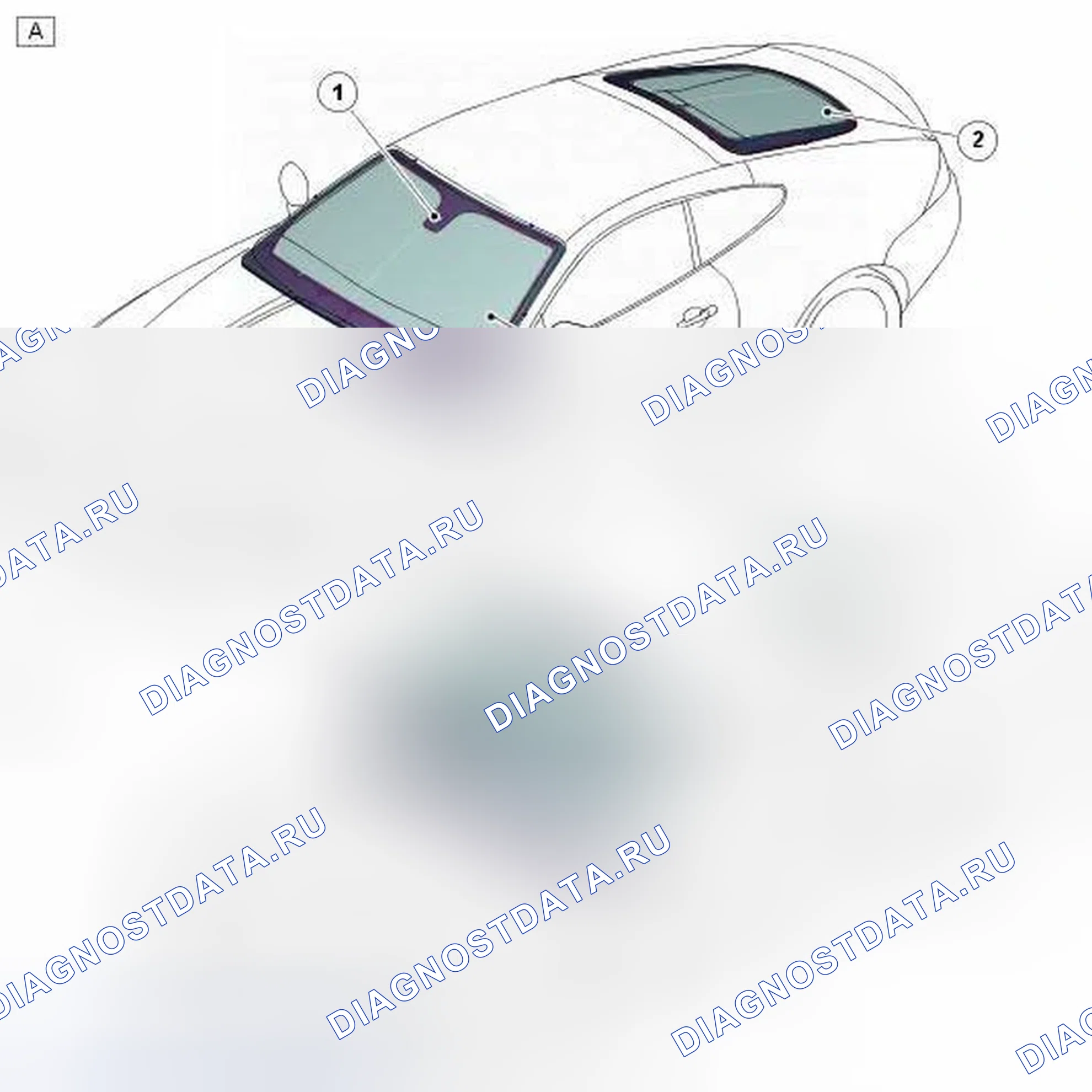 Рис. 1: РАСПОЛОЖЕНИЕ КОМПОНЕНТОВ - ЛОБОВОЕ СТЕКЛО И ПОДСВЕТКА. Jaguar XKR II