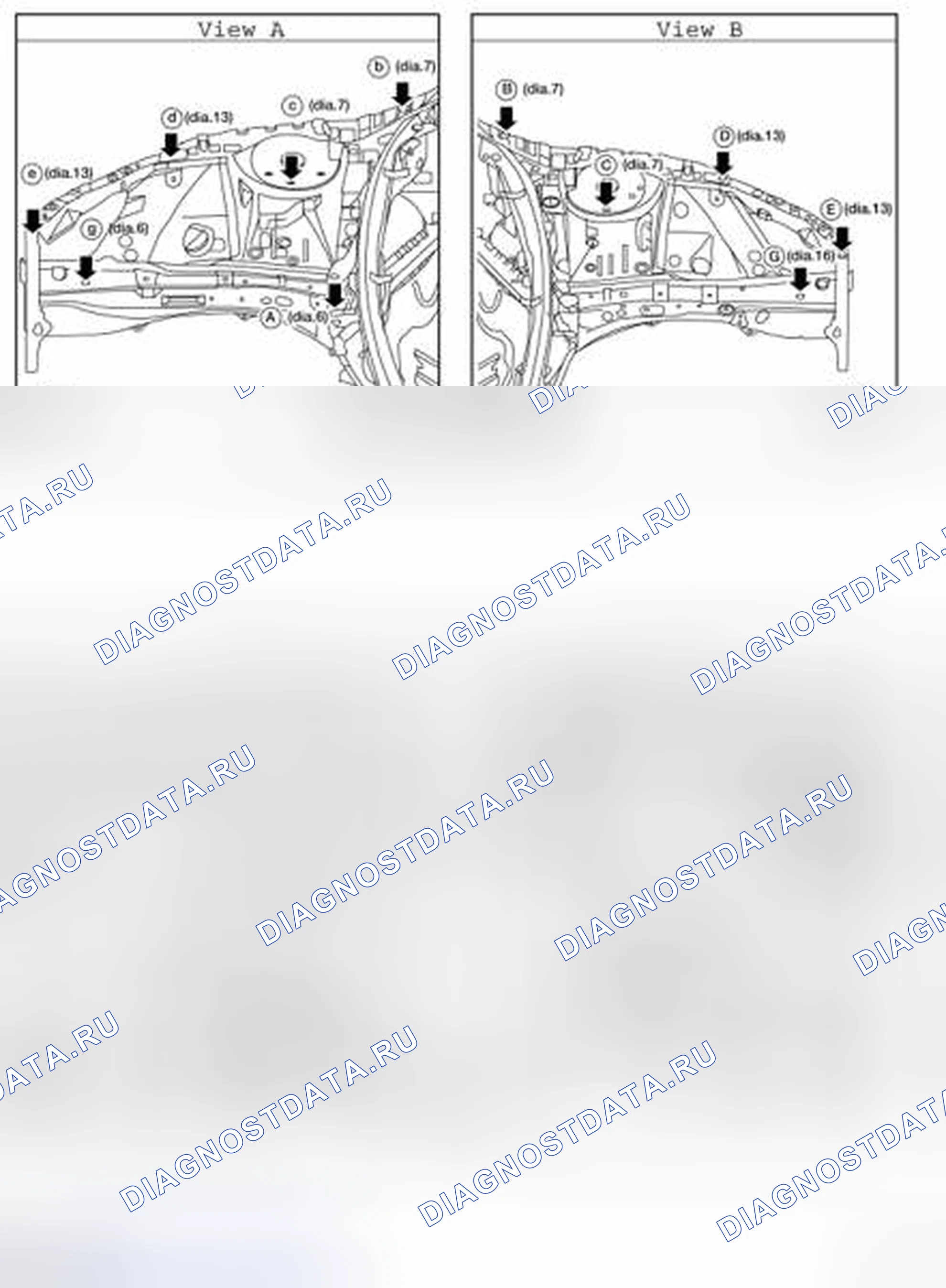 Рис. 200: Точки измерения. Nissan Altima L32 рестайлинг