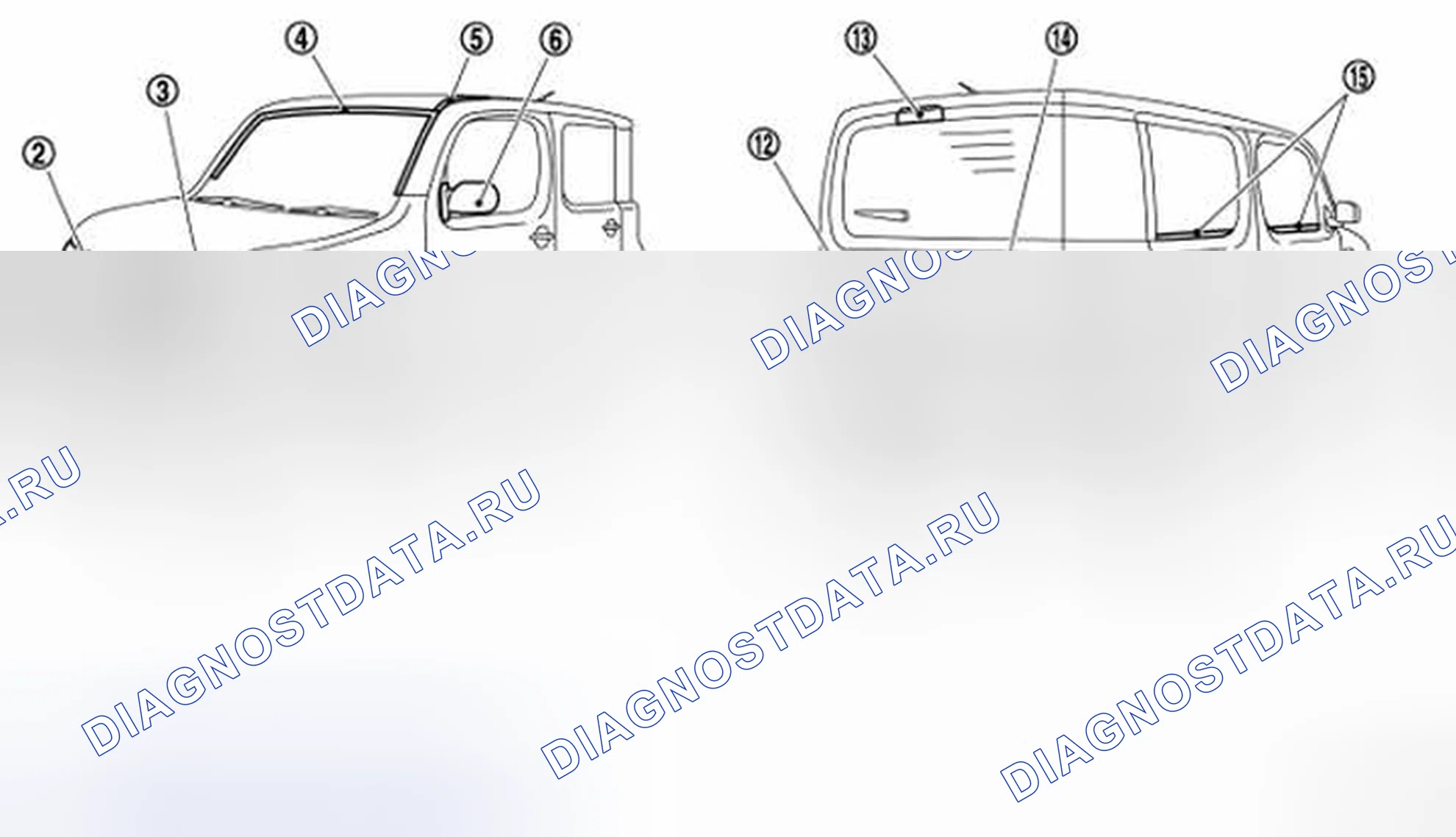 Рис. 140: Расположение пластмассовых деталей. Nissan Cube III