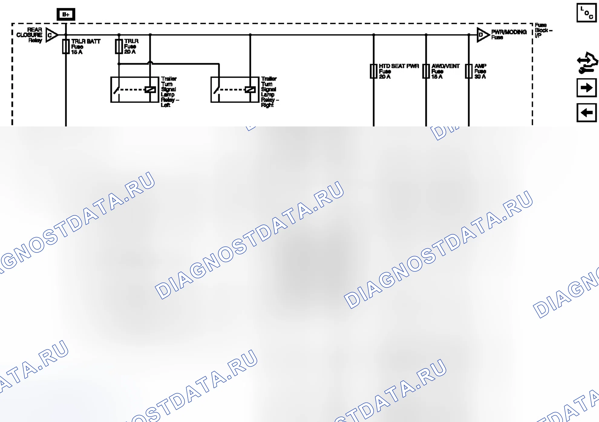Рис. 42: Предохранители AMP, AWD / VENT, HTD сиденье Pwr, STR / WHL, TRLR и TRLR BATT. Chevrolet Captiva I рестайлинг