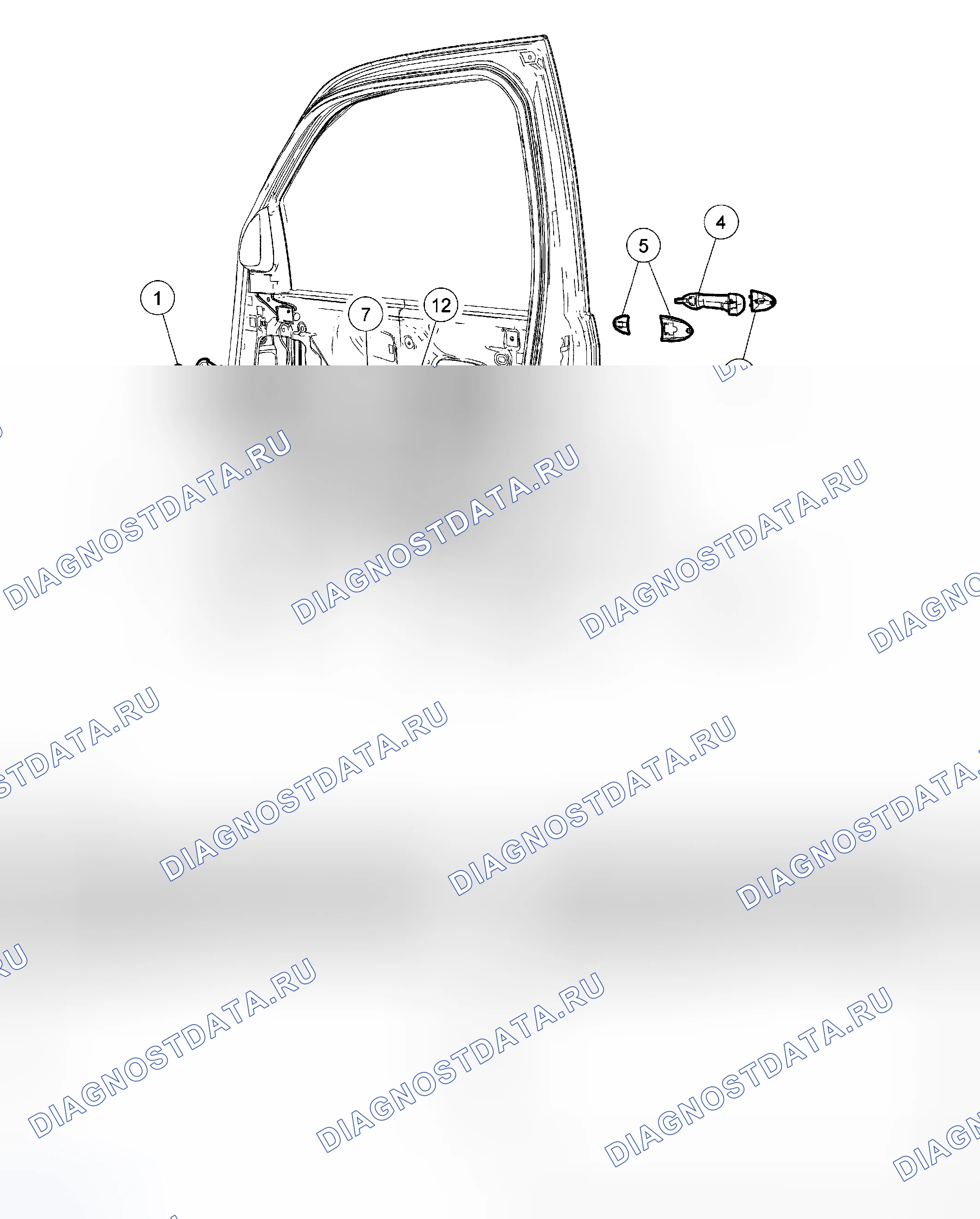 Рис. 48: Ручки передних дверей, замки и защелки - разнесенный вид. Hyundai Matrix I