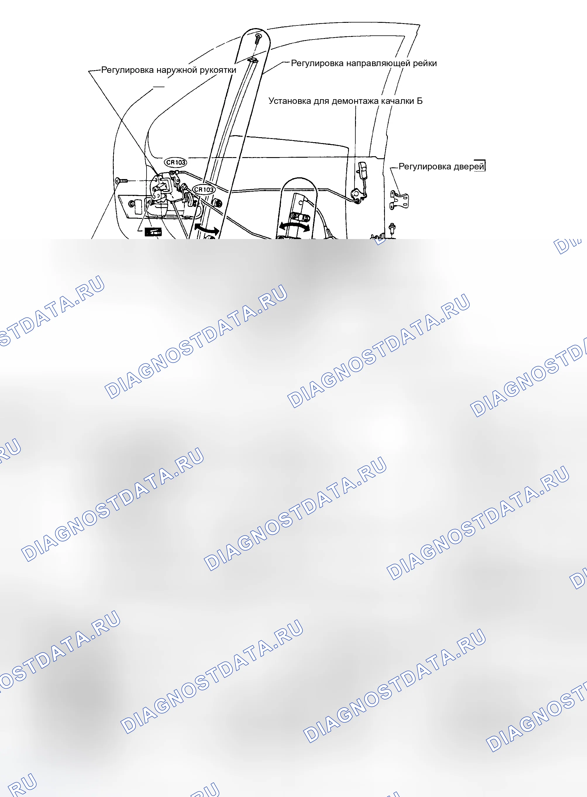 Рис. 25: РЕГУЛЯТОР ЗАДНЕЙ ДВЕРИ И СТЕКЛО. Nissan Maxima J30