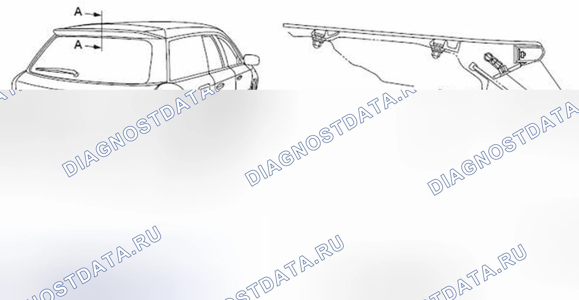 Рис. 6: Идентификация высокой установки стоп-сигнала и сопла задней шайбы. Subaru Forester SJ