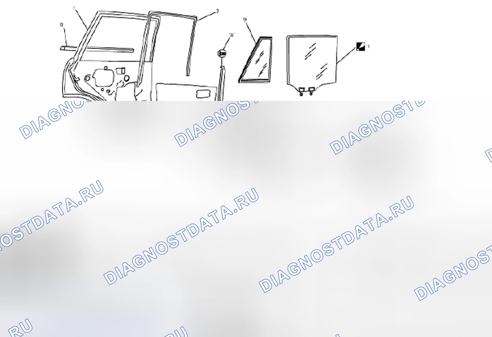 Рис. 1: Компоненты окна задней двери. Suzuki Grand Vitara II