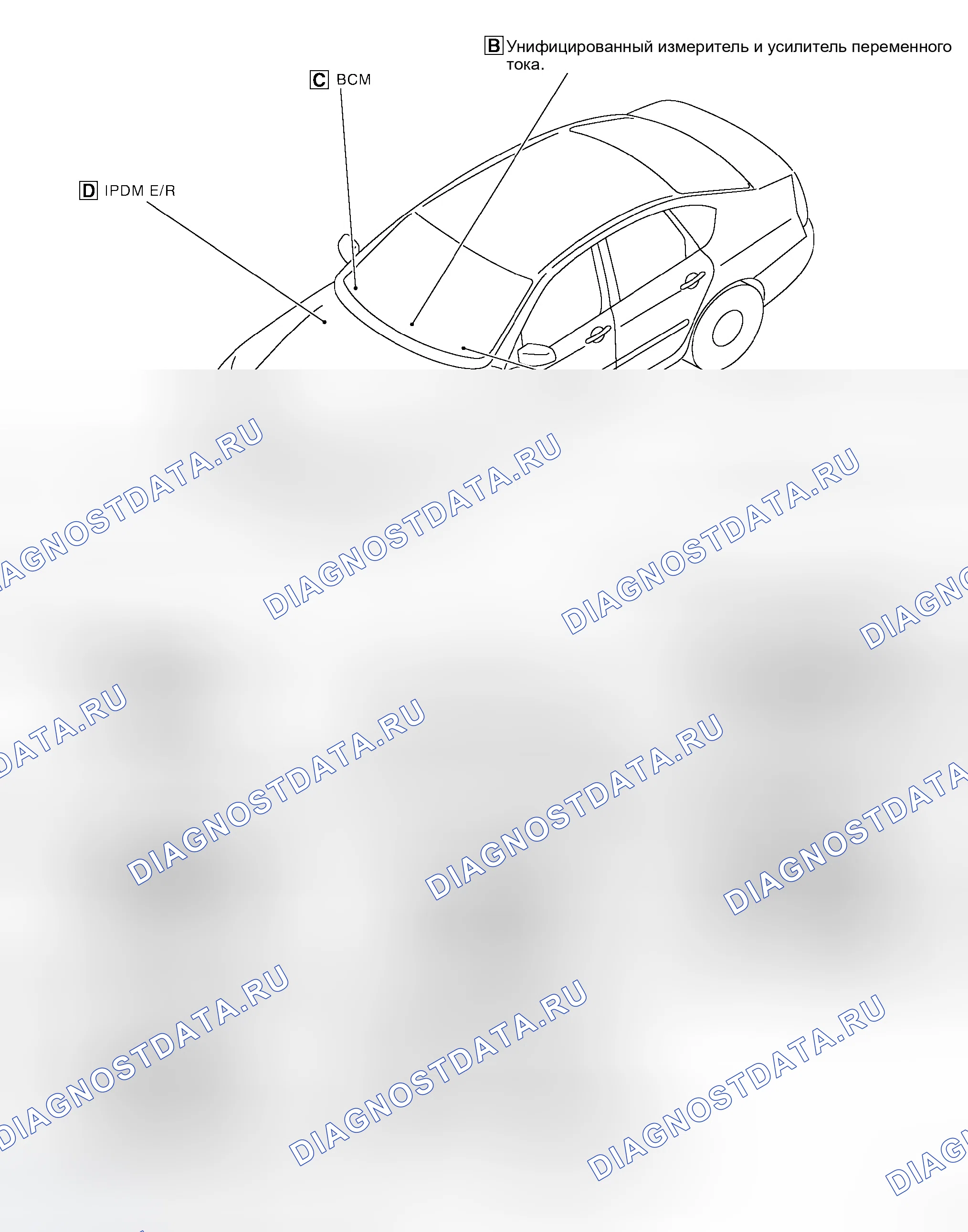 Рис. 140: Расположение компонентов и разъемов кабелей. Infiniti M45 III