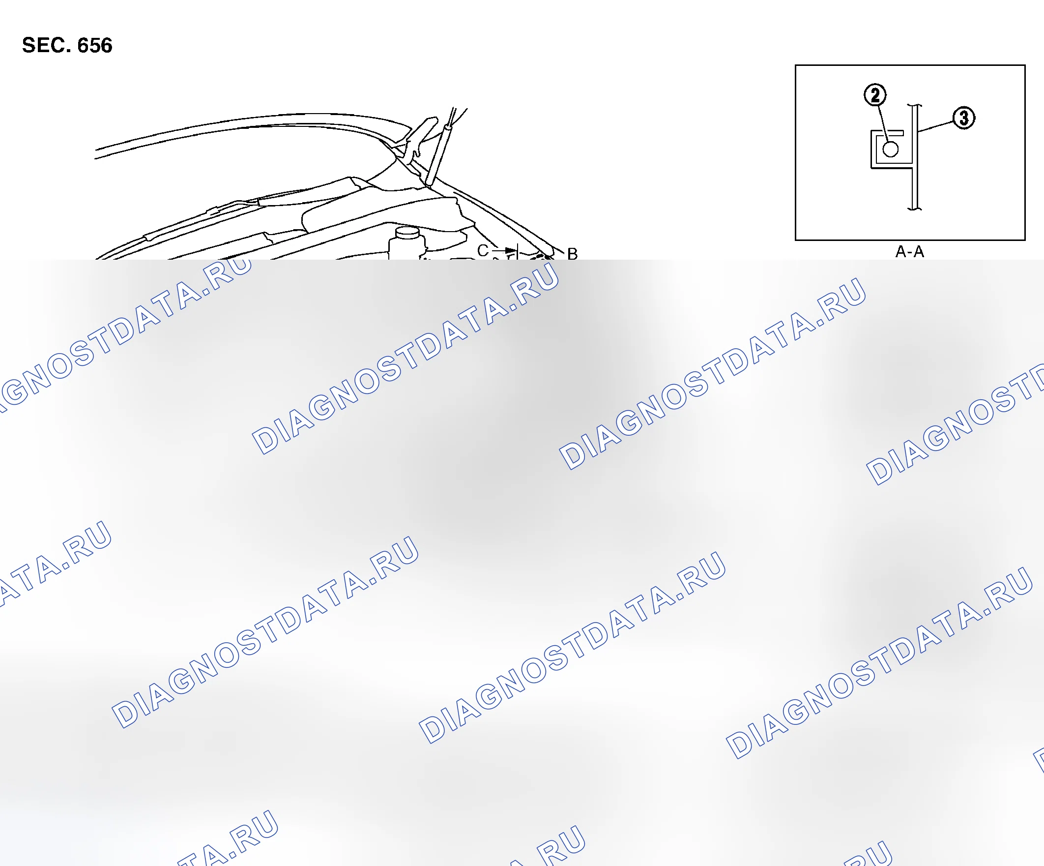 Рис. 189: Снятие и установка управления замком капота. Nissan Murano Z50