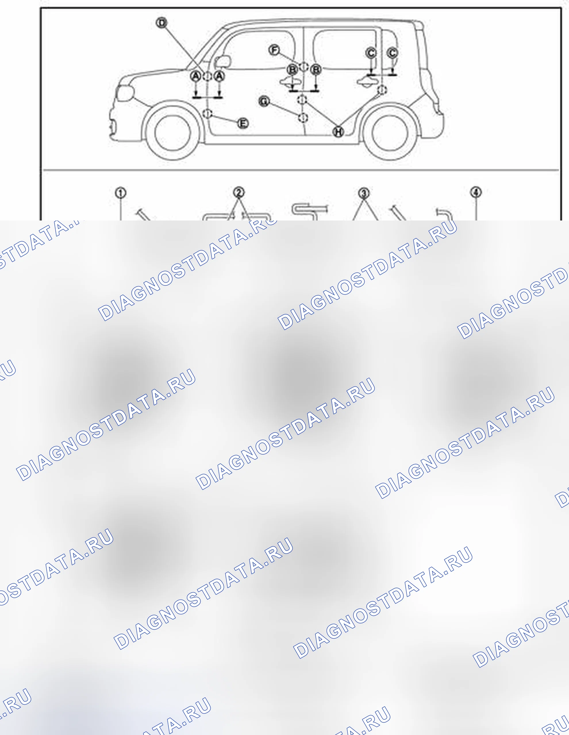 Рис. 130: ДВЕРЬ В СБОРЕ: Регулировка. Nissan Cube III