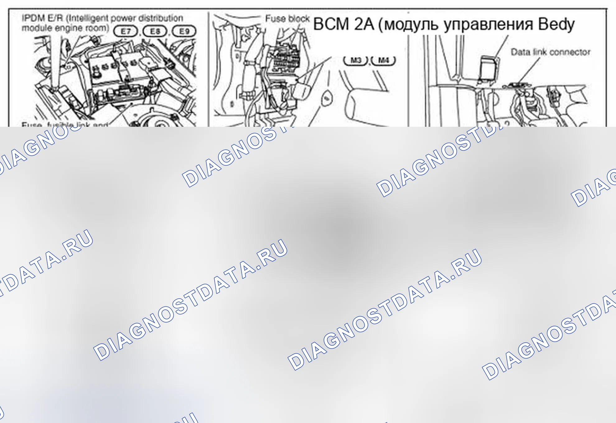 Рис. 27: Расположение компонентов и разъемов кабелей. Infiniti FX45 I рестайлинг