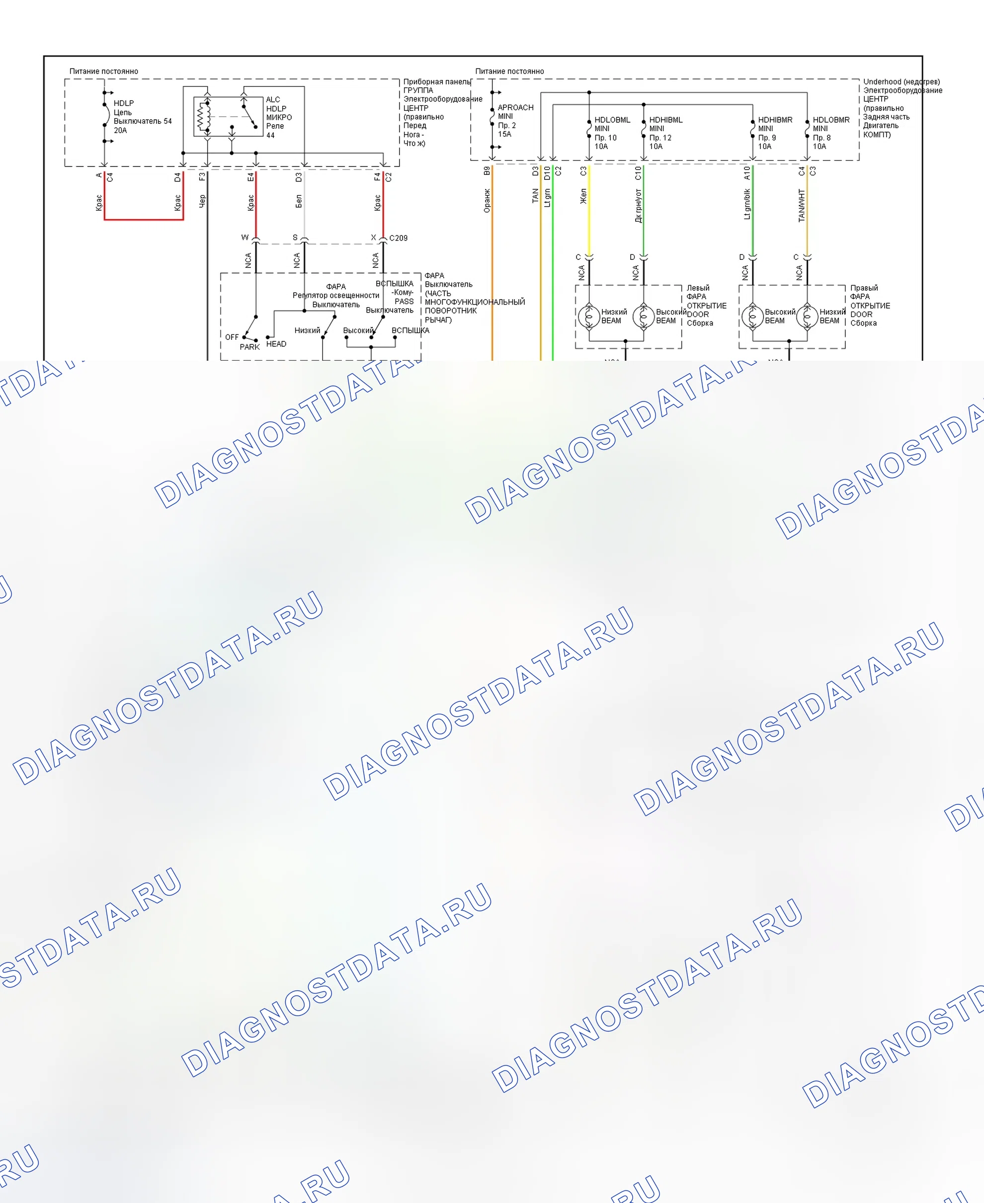 Рис. 13: Схема подключения систем фар и дневных ходовых огней (корвет). Hyundai XG I
