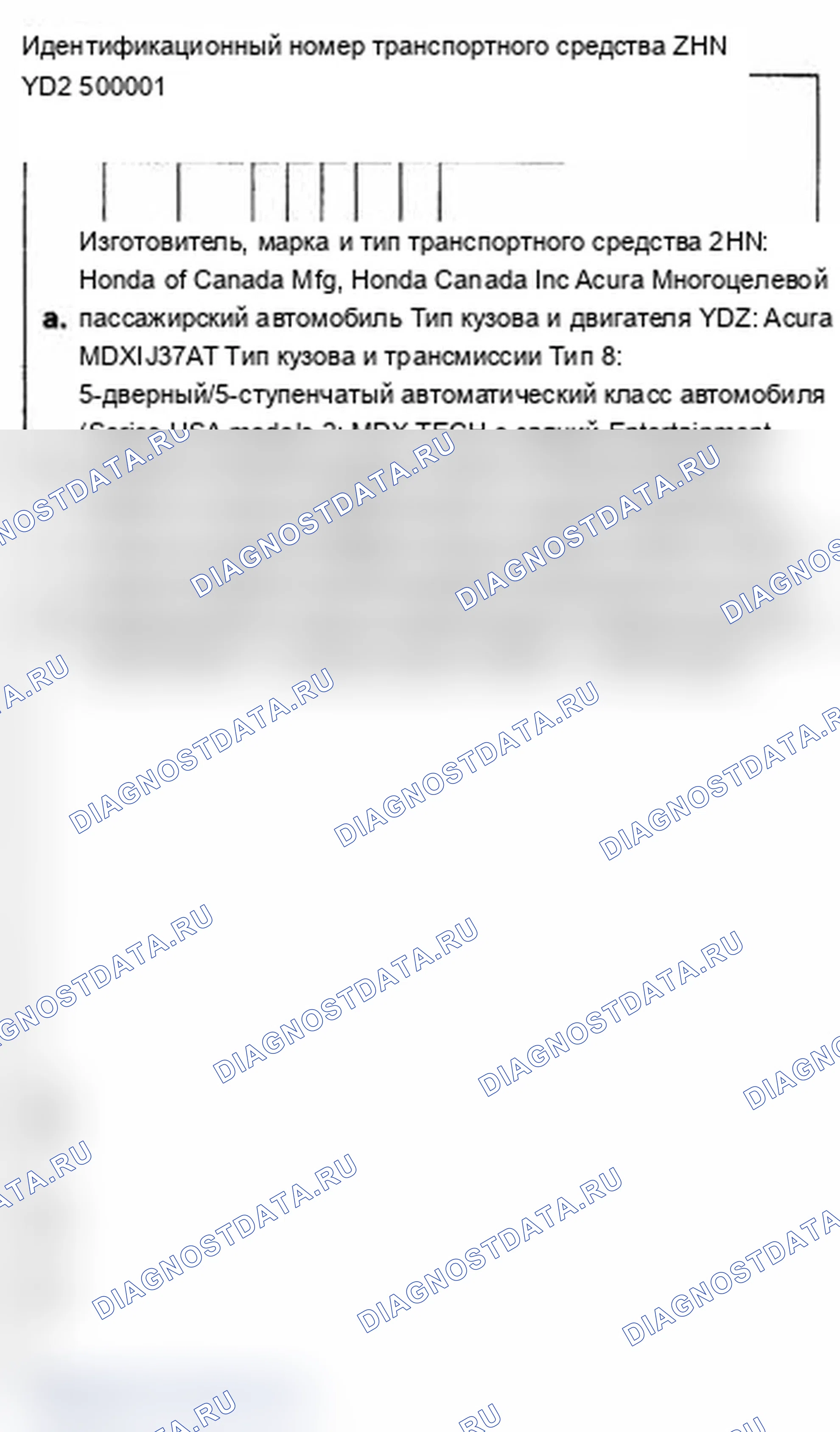 Рис. 11: Идентификационный номер транспортного средства - модель '09. Acura MDX II