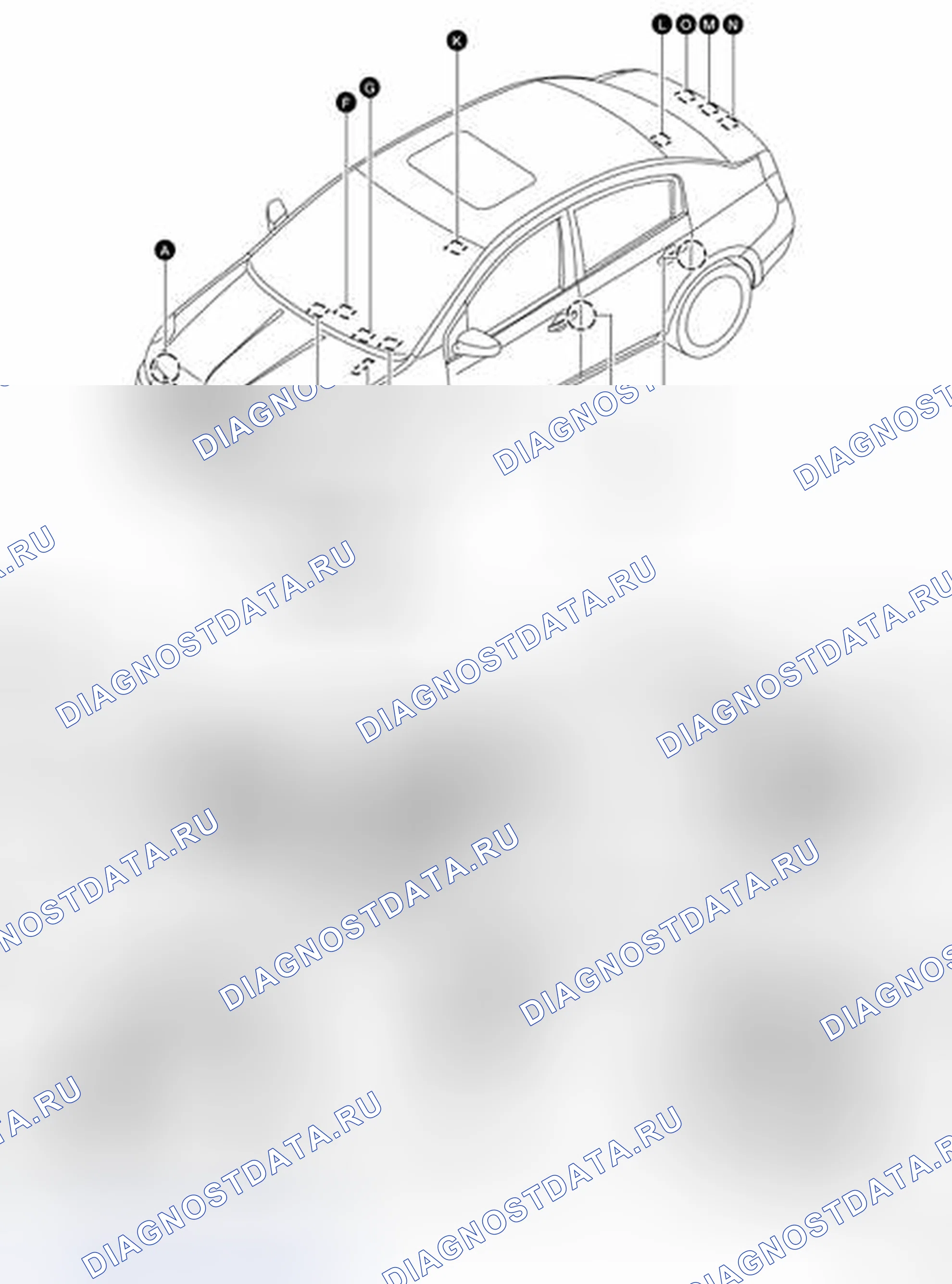 Рис. 122: Расположение компонентов и разъемов кабелей. Nissan Sentra B16 рестайлинг