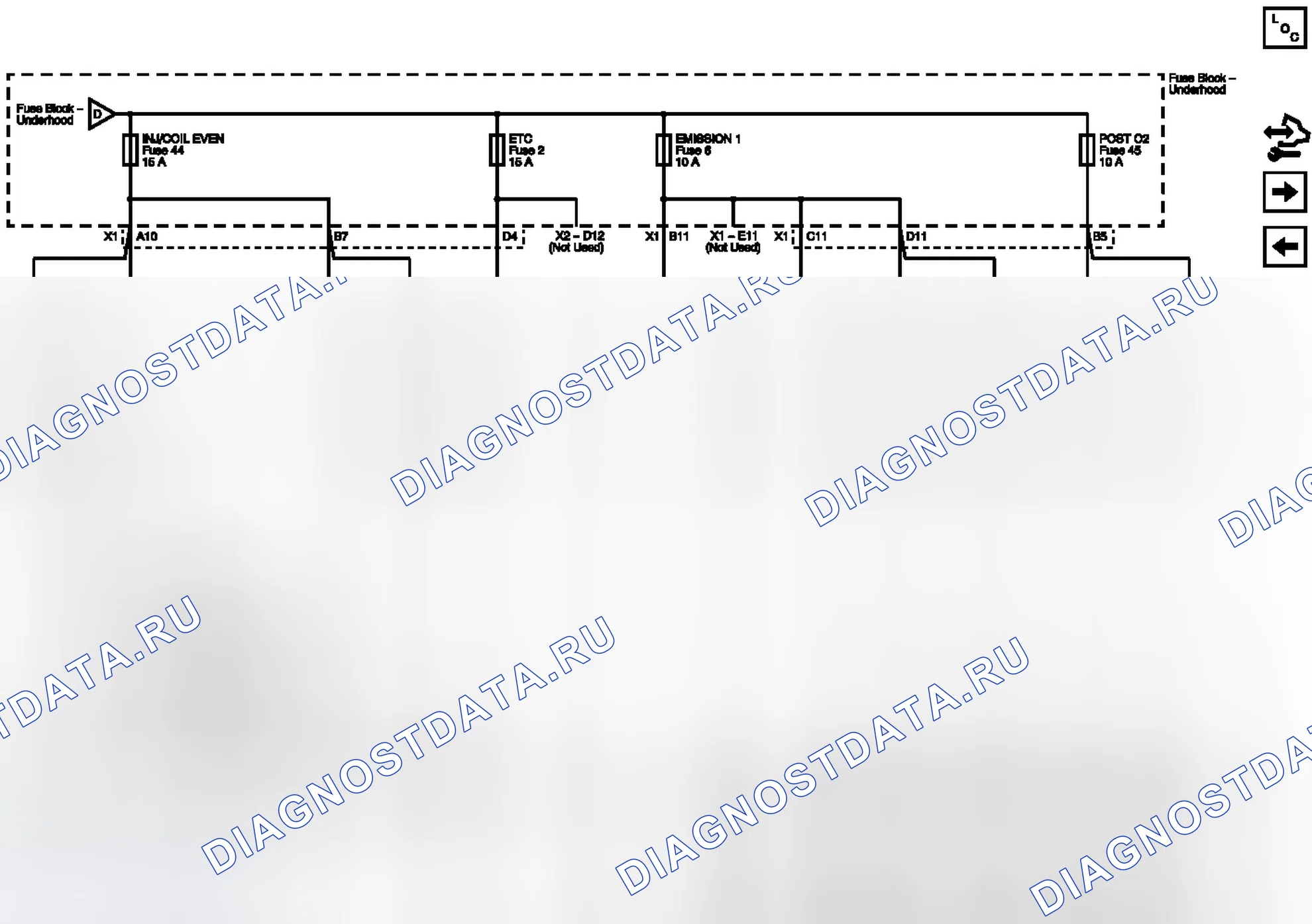 Рис. 33: Схемы подключения предохранителей EMISSION 1, ETC, INJ / COIL EVEN и POST O2 (LY7). Chevrolet Malibu VIII