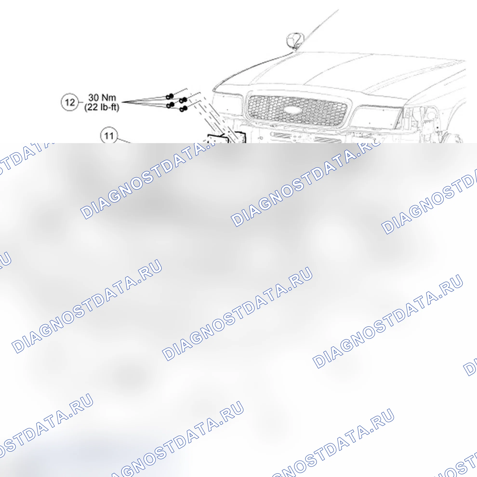 Рис. 33: Бампер - разнесенный вид, вид спереди. Mercury Grand Marquis IV рестайлинг