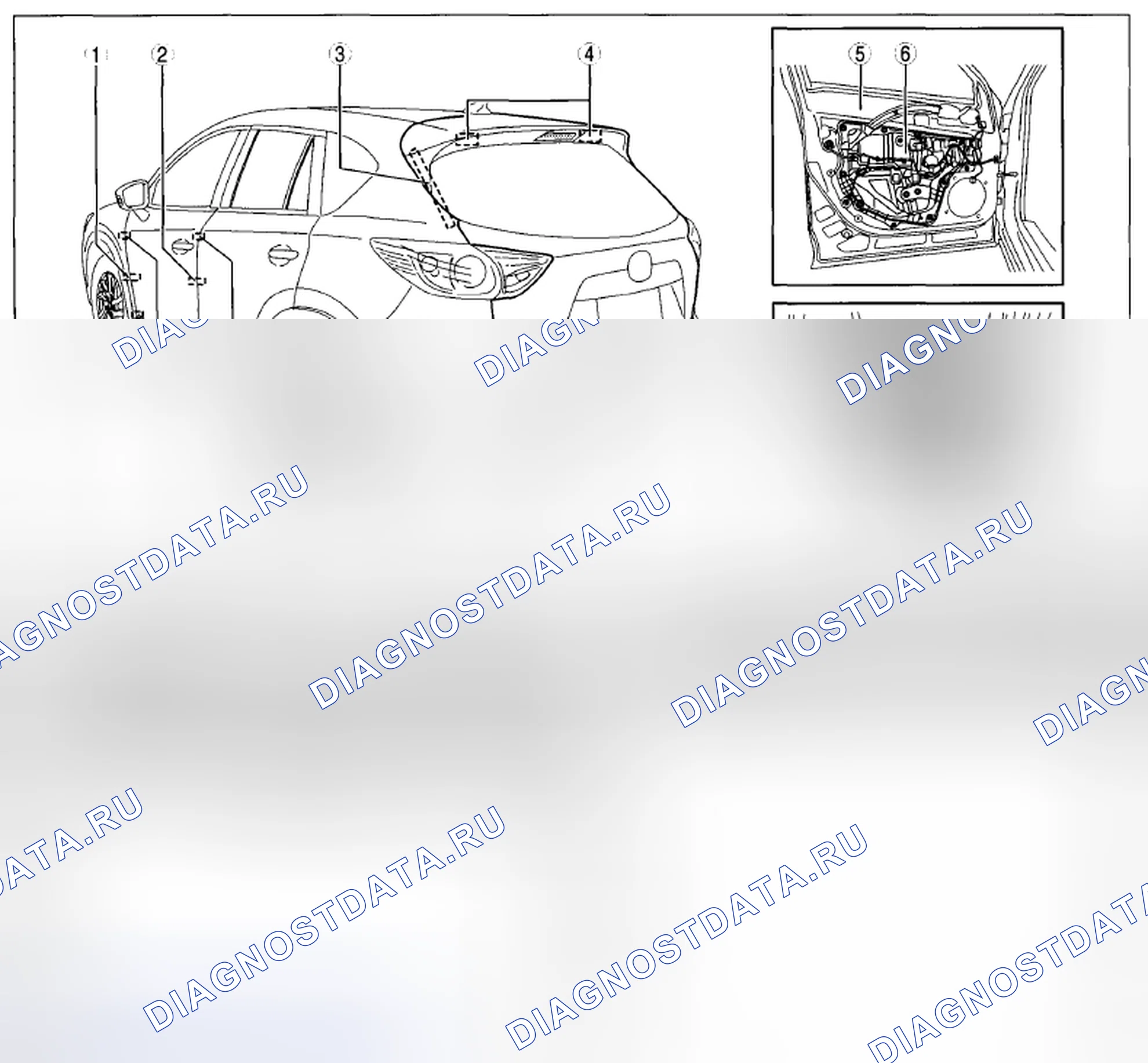 Рис. 56: Идентификация компонентов дверей и подъемных ворот. Mazda CX-5 I