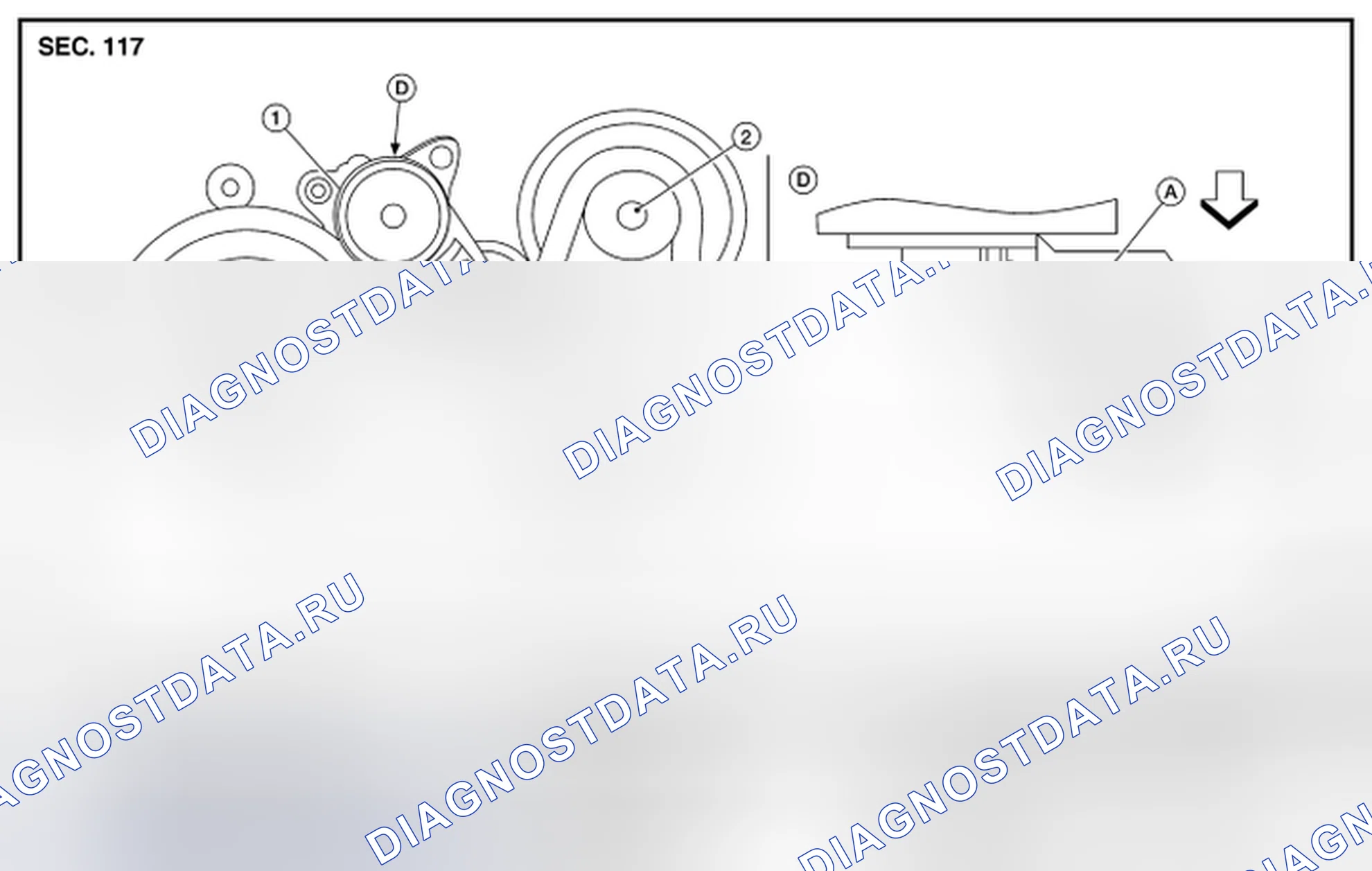 Рис. 30: ПРИВОДНЫЕ РЕМНИ: покомпонентный вид. Nissan Pathfinder IV рестайлинг