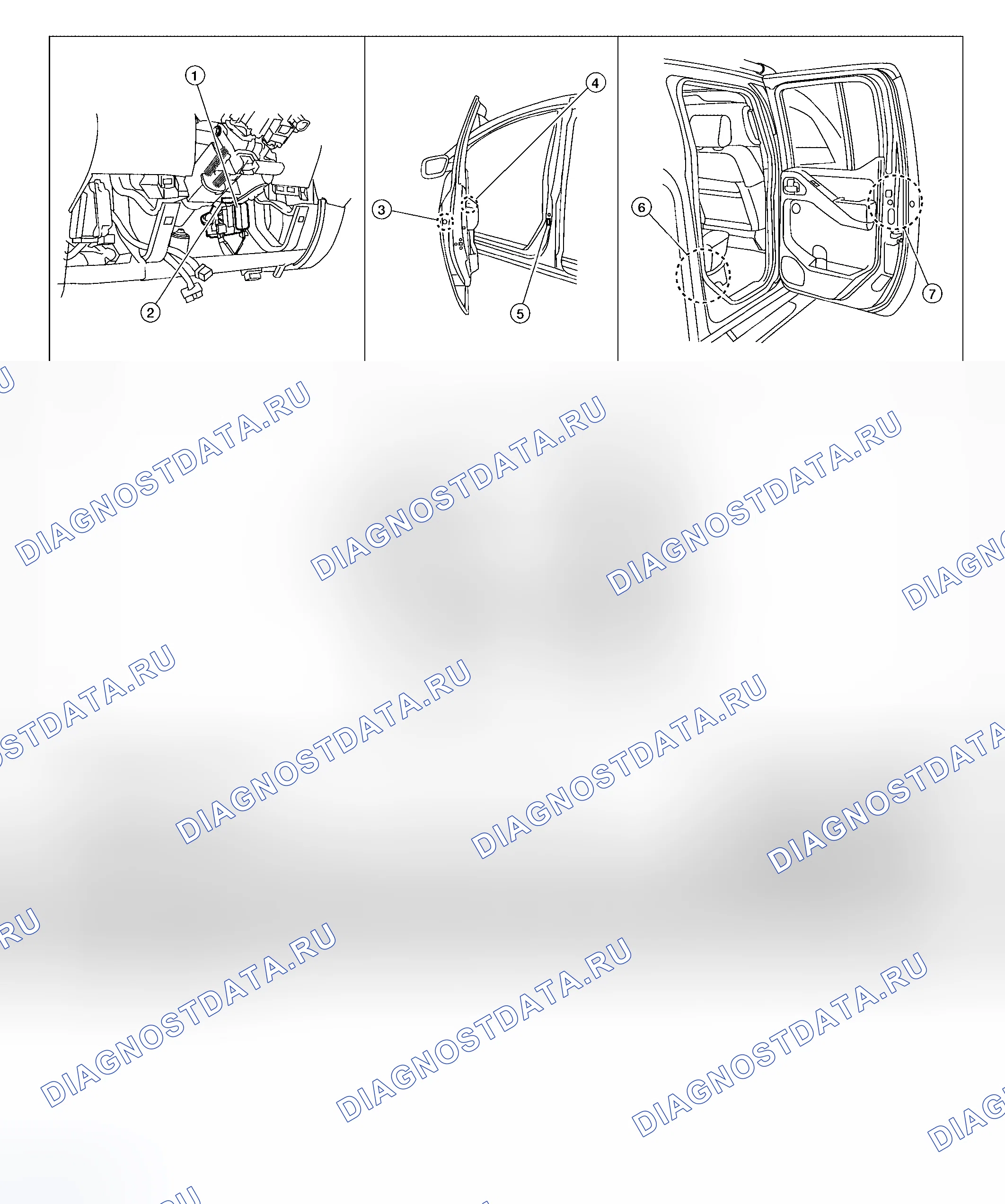 Рис. 27: Расположение компонентов и разъемов кабелей. Honda Odyssey I
