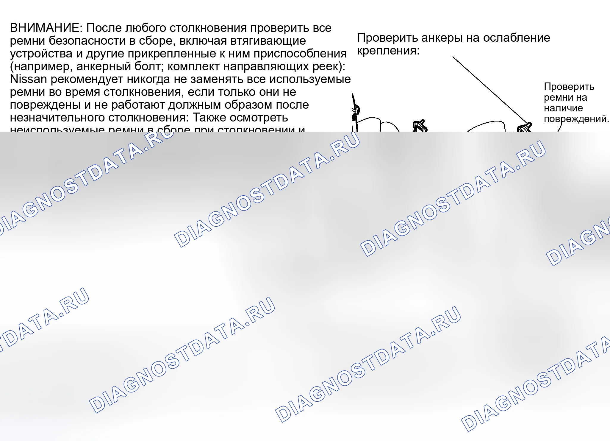Рис. 67: Проверка ремней безопасности, пряжек, втягивающих устройств, якорей и регулировочных приспособлений. Nissan Murano Z50