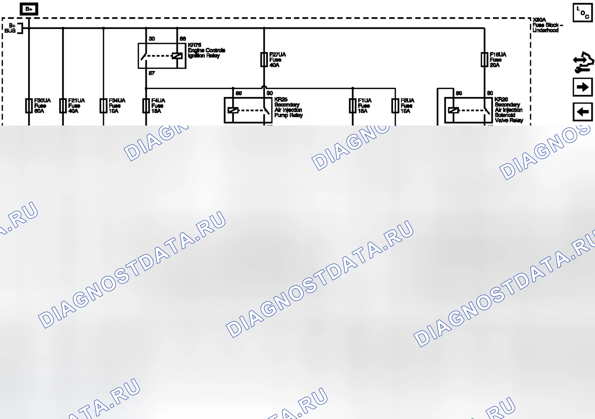 Рис. 173: Схемы подключения предохранителей F1UA, F2UA, F3UA, F4UA, F21UA, F30UA и F34UA. Chevrolet Volt I