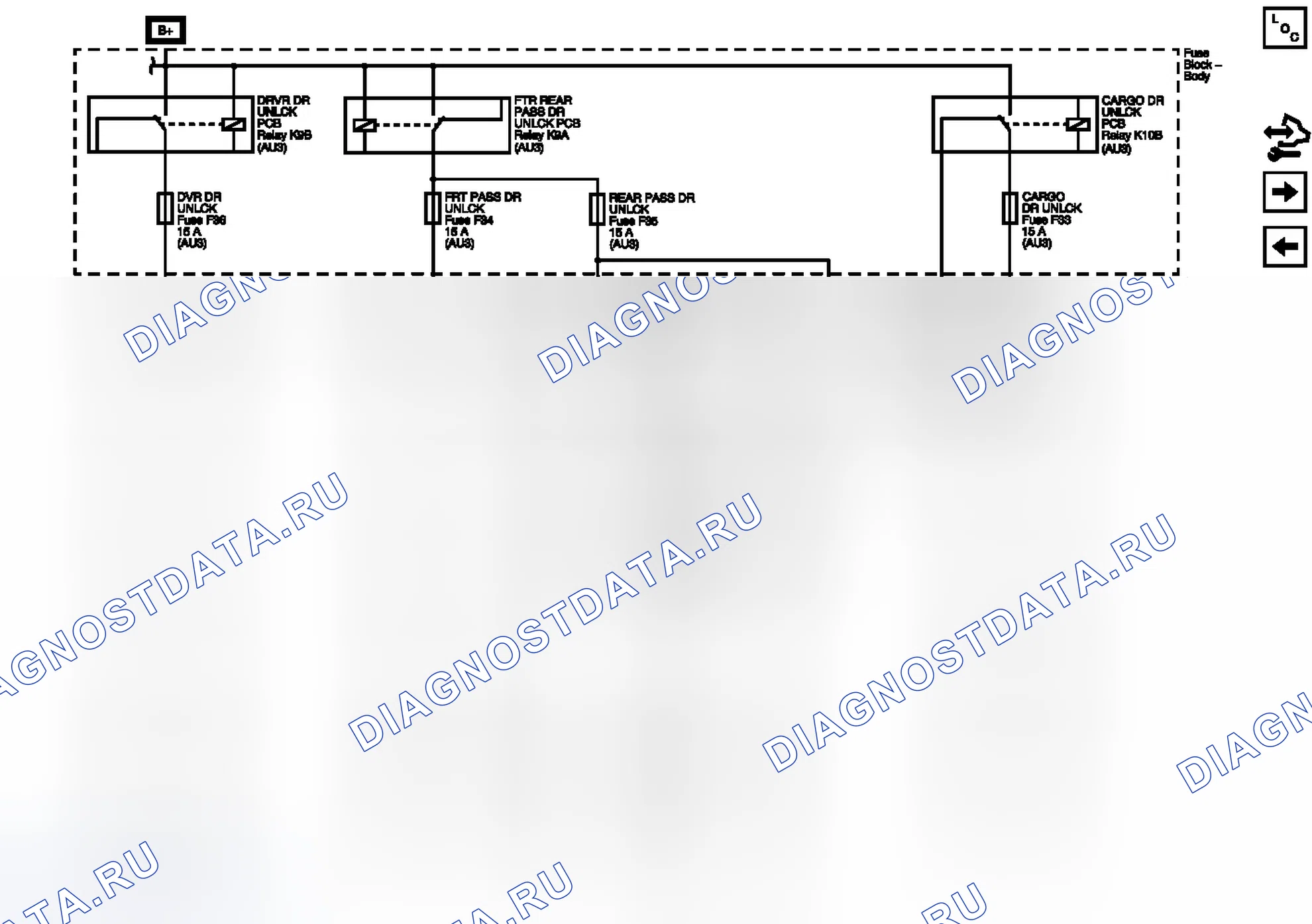Рис. 162: Предохранители CARGO DR UNLCK, DVR DR UNLCK, FRT PASS DR UNLCK и задний PASS DR UNLCK. GMC RV Cutaway G3500 