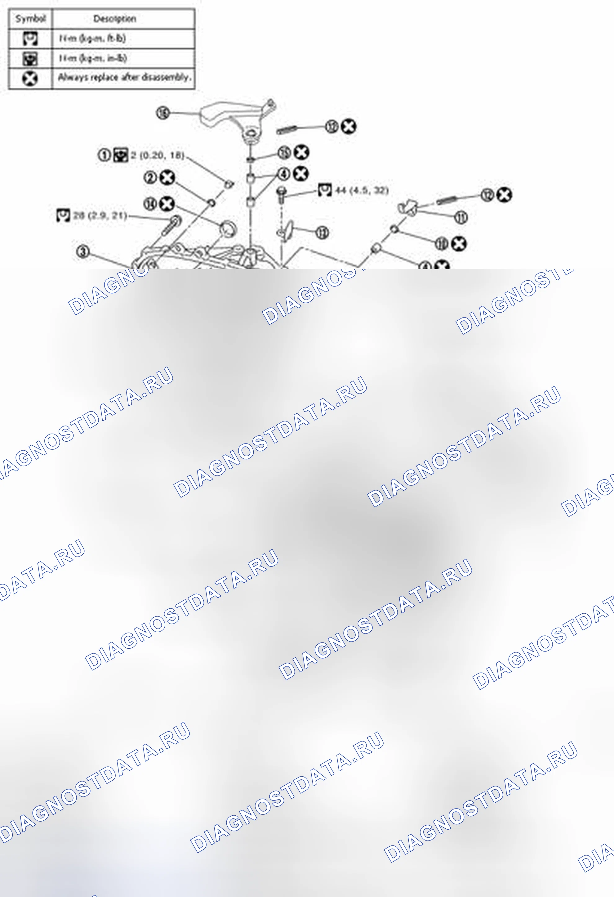 Рис. 18: Идентификация компонентов корпуса и корпуса со спецификациями крутящего момента. Nissan Sentra B16