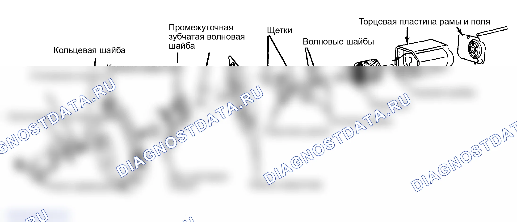 Рис. 1: Разнесенный вид двигателя стеклоочистителя и привода в сборе. GMC Vandura I