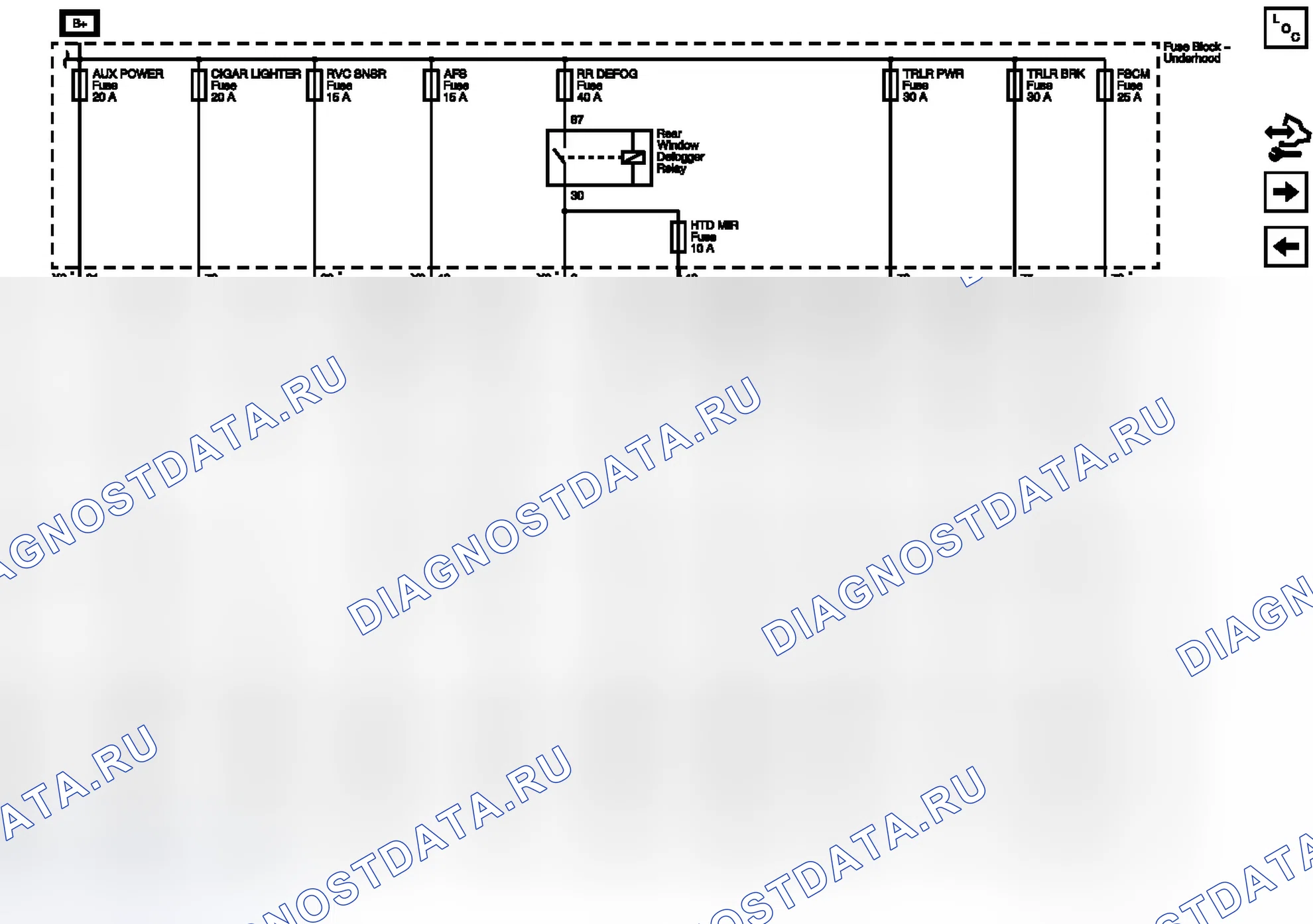 Рис. 44: AFS, AUX питание, CIGAR LIGHTER, FSCM, HTD MIR, RR DEFOG, RVC SNSR, TRLR BRK и TRLR PWR Предохранители. Buick Enclave I