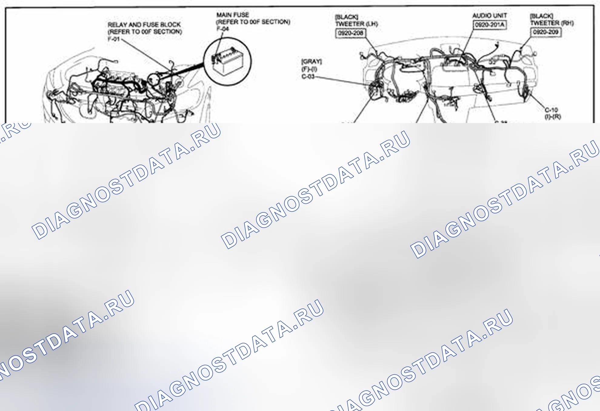 Рис. 200: Схема прокладки кабелей аудиосистемы (0920-2a) 2 из 2. Mazda CX-5 I