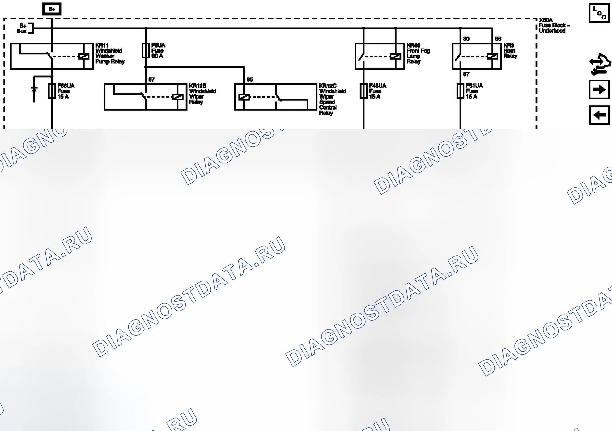 Рис. 56: Схемы подключения предохранителей F6UA, F48UA, F51UA и F56UA. Buick Regal V