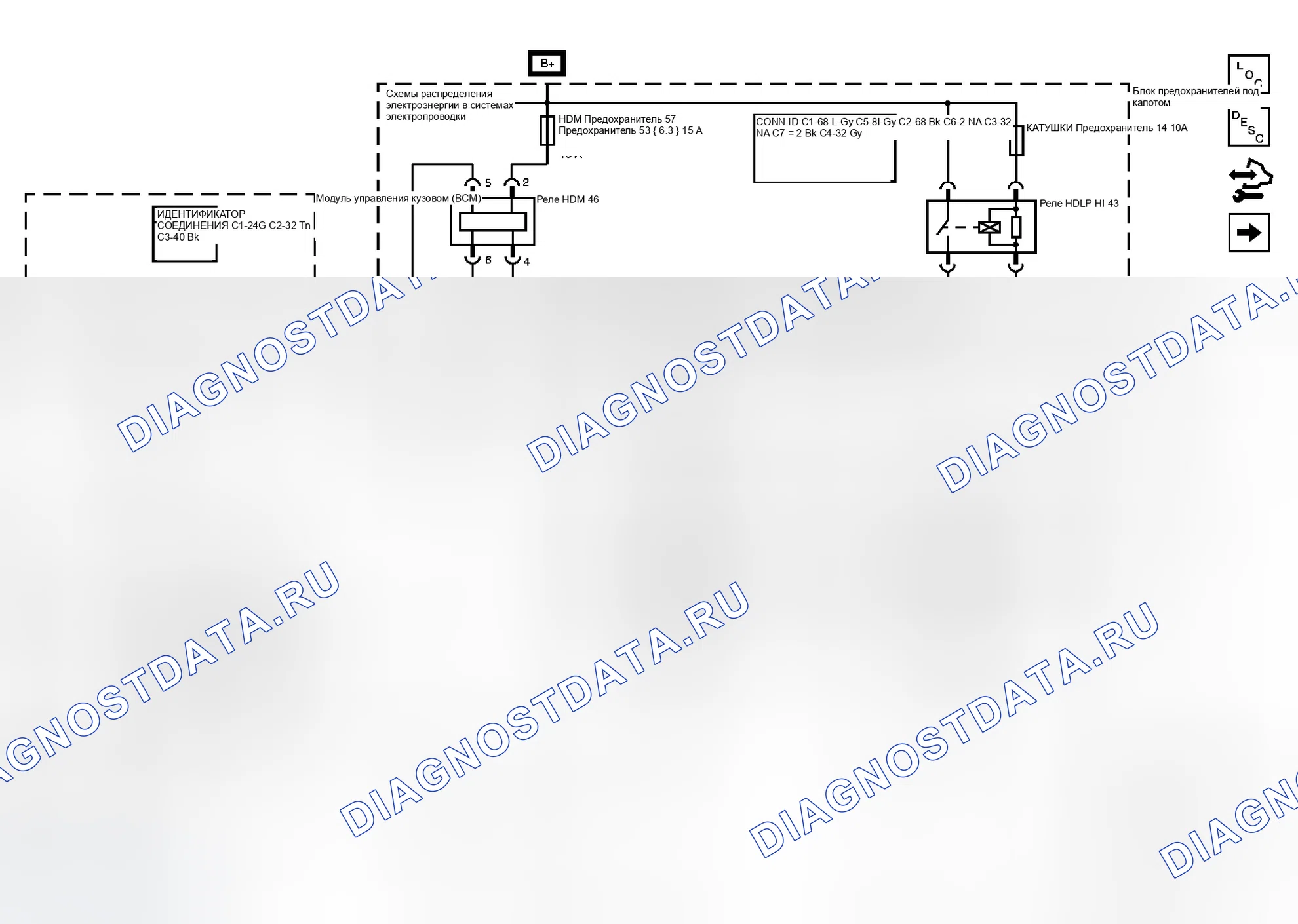 Рис. 1: Схема фар/дневных ходовых огней (DRL). GMC Envoy II