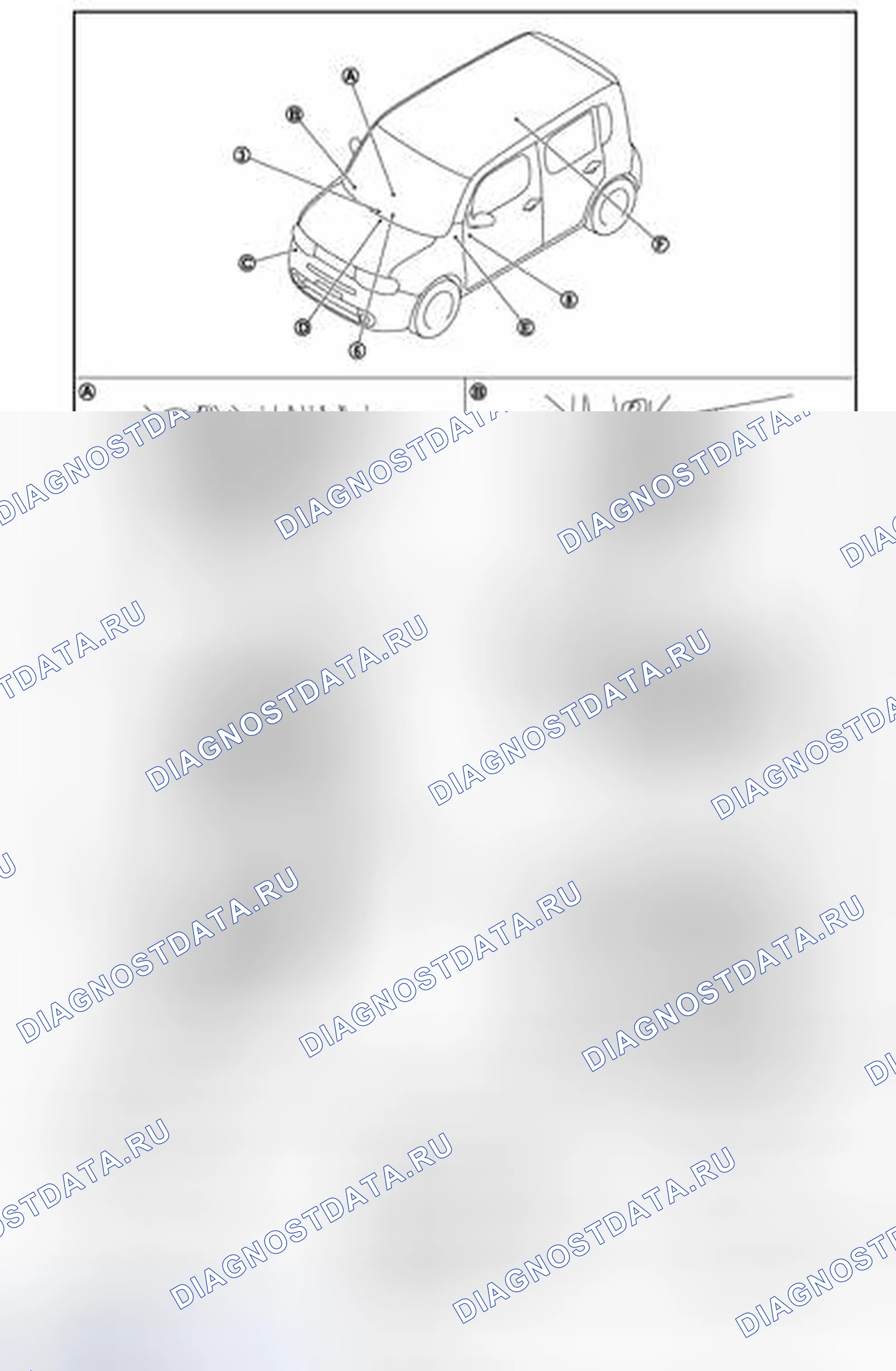 Рис. 14: ФУНКЦИЯ КЛЮЧЕВОГО НАПОМИНАНИЯ: Расположение компонентов. Nissan Cube III