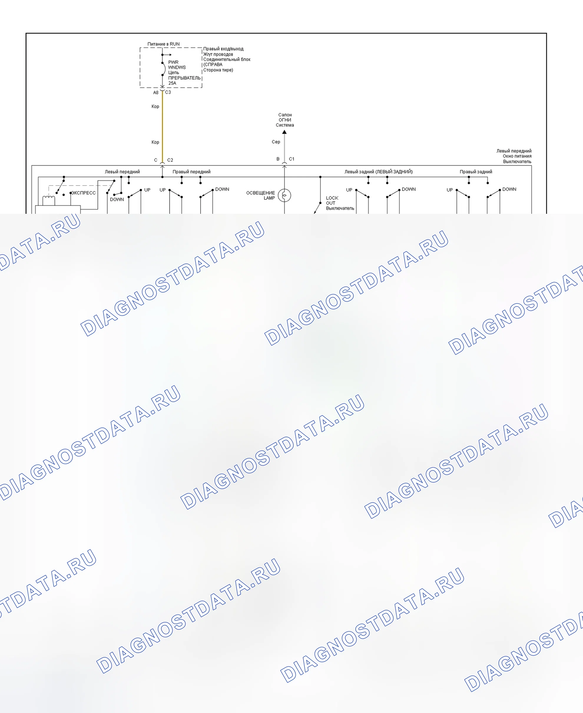 Рис. 2: электросхема системы электроокон. Chevrolet Malibu V