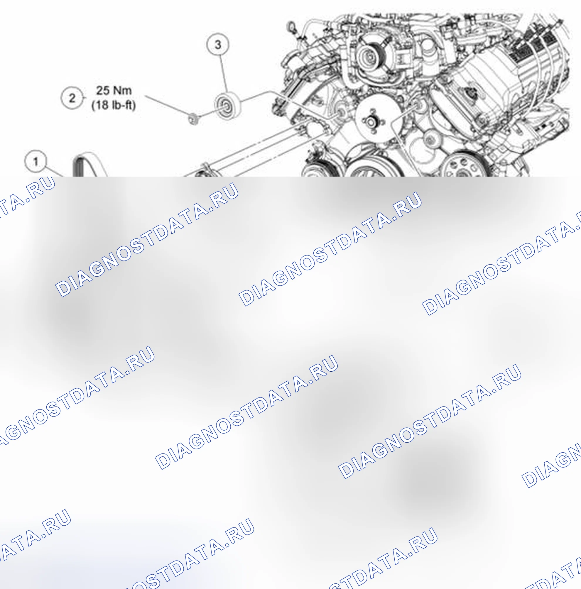 Рис. 12: Разнесенный вид переднего вспомогательного привода (FEAD) - 6.2L (2V). Ford Pickup F250 Super Duty II