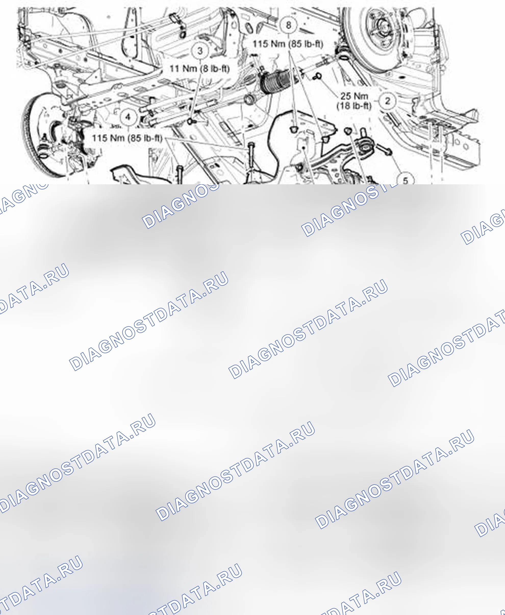 Рис. 5: Разнесенный вид переднего подрамника и компонентов. Ford Mustang V