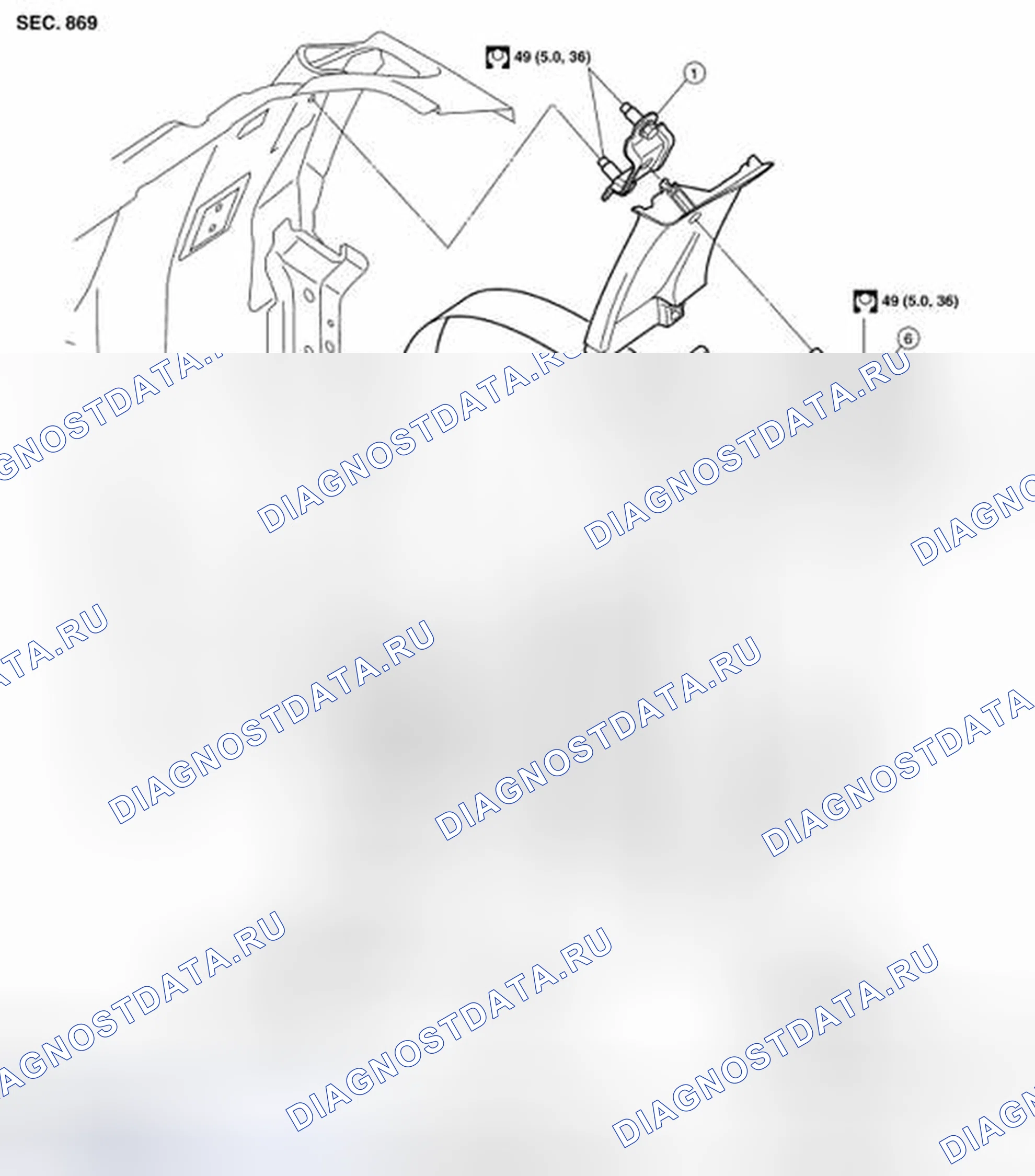 Рис. 4: Снятие / установка заднего ремня безопасности - кабина. Nissan Frontier D40