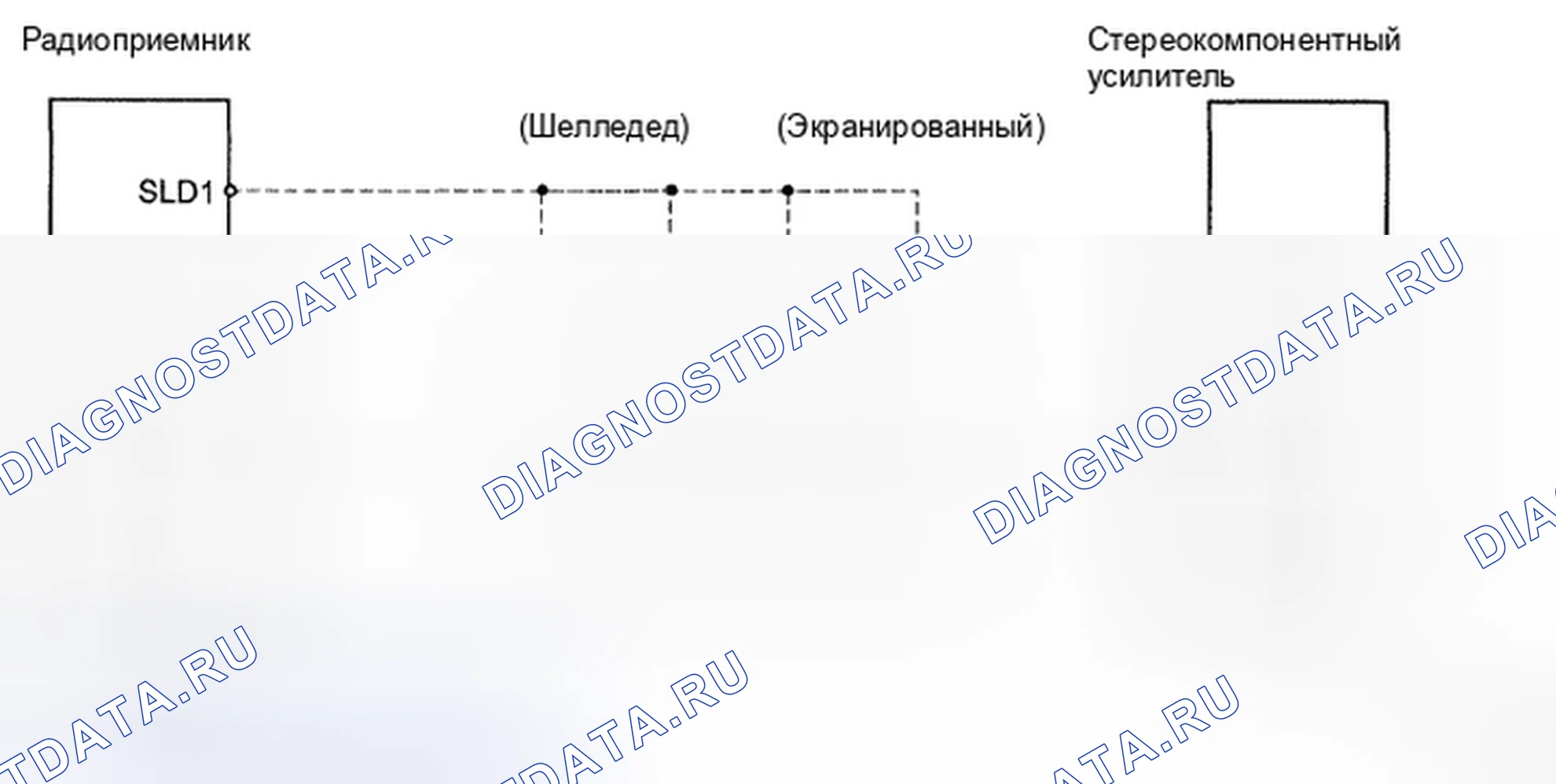 Рис. 36: Схема подключения голосовой цепи сотового телефона между радиоприемником и усилителем стереокомпонентов. Toyota RAV4 III