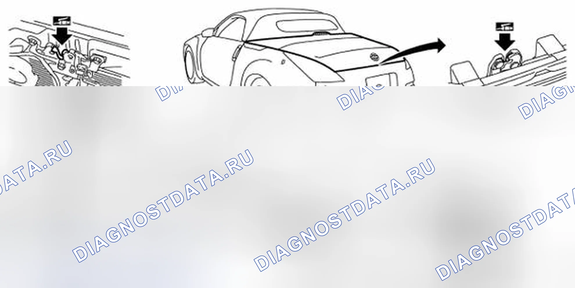 Рис. 38: Фиксаторы, петли и защелка капота (родстер). Nissan 350Z I рестайлинг