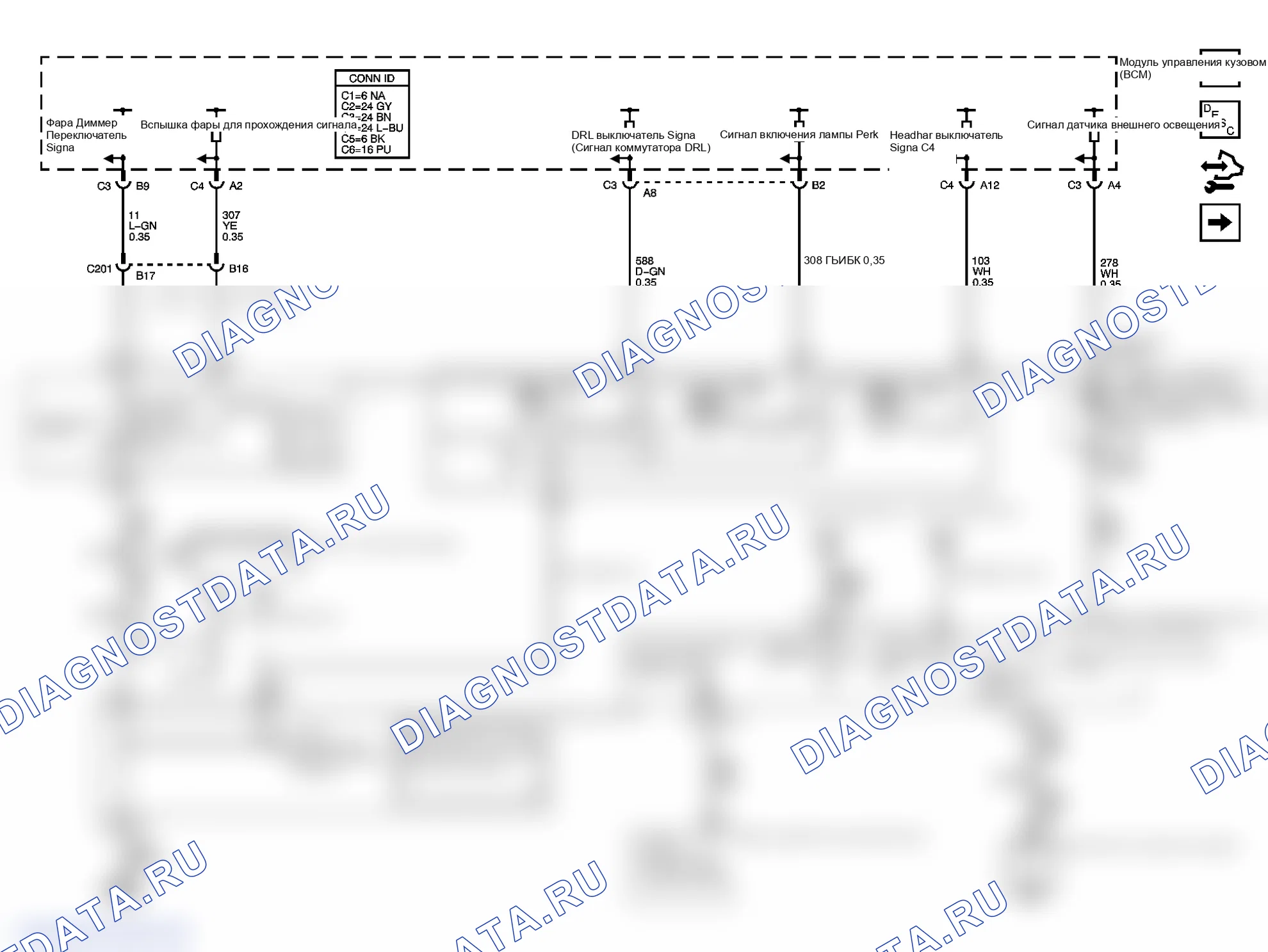 Рис. 1: Схема фар/дневных ходовых огней (DRL). GMC Sierra 1500 