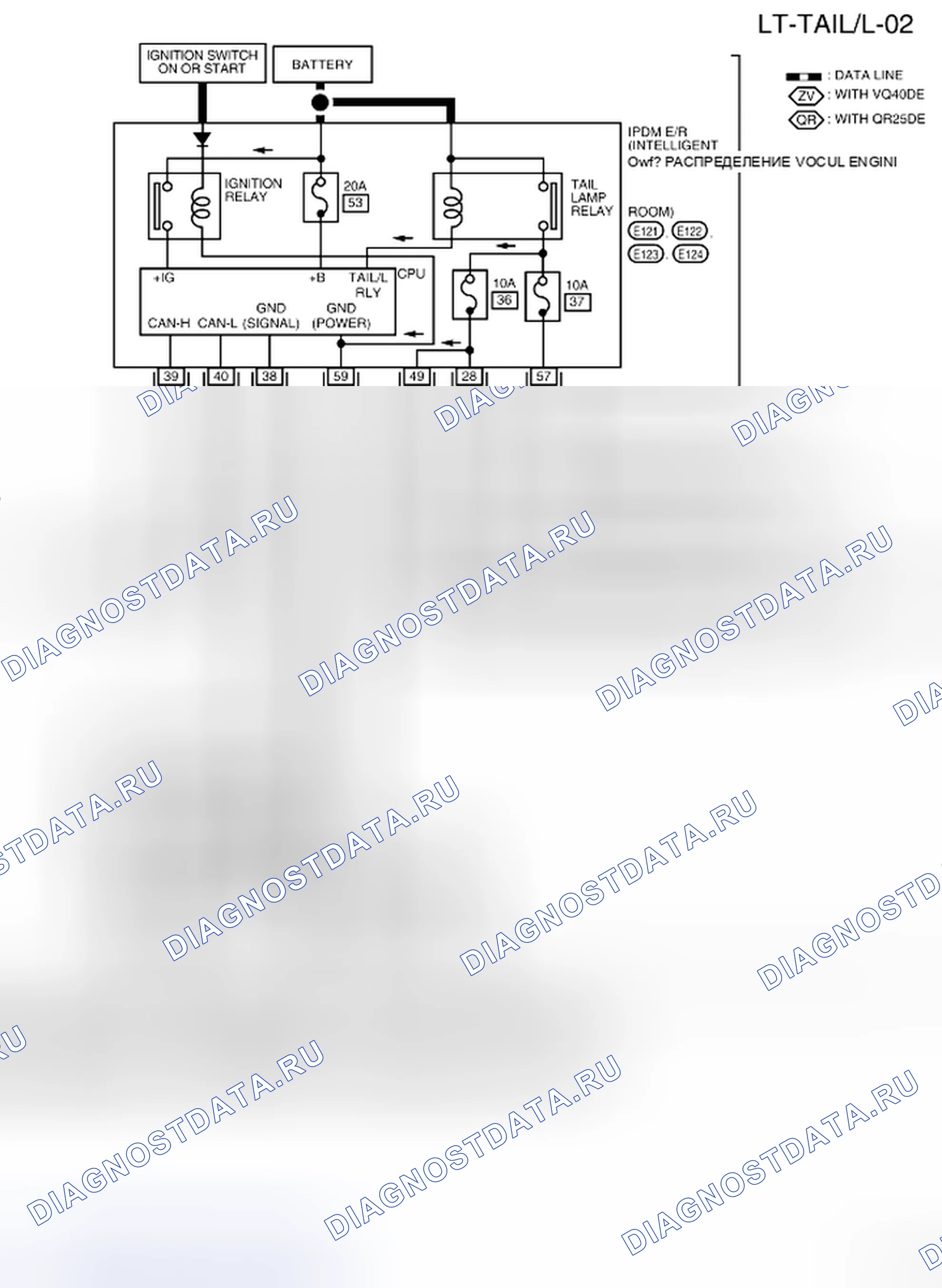 Рис. 57: LT-Задний габарит / L-02 - электросхема. Nissan Frontier D40