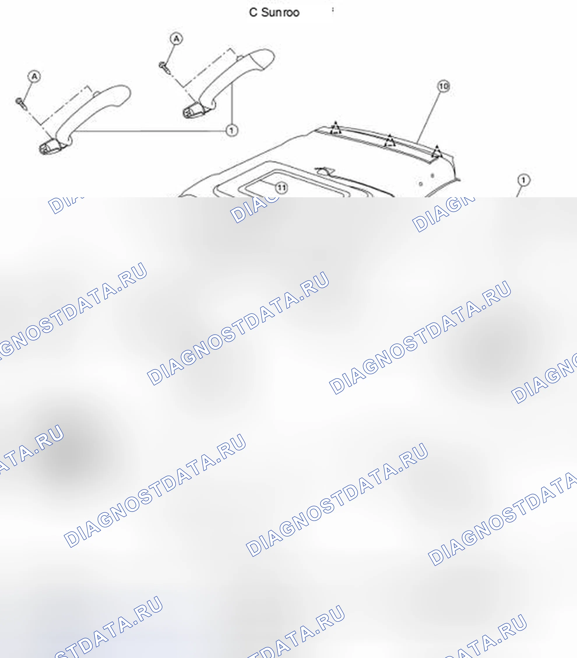 Рис. 41: Идентификация компонентов верха крыши (с люком на крыше). Nissan Sentra B16