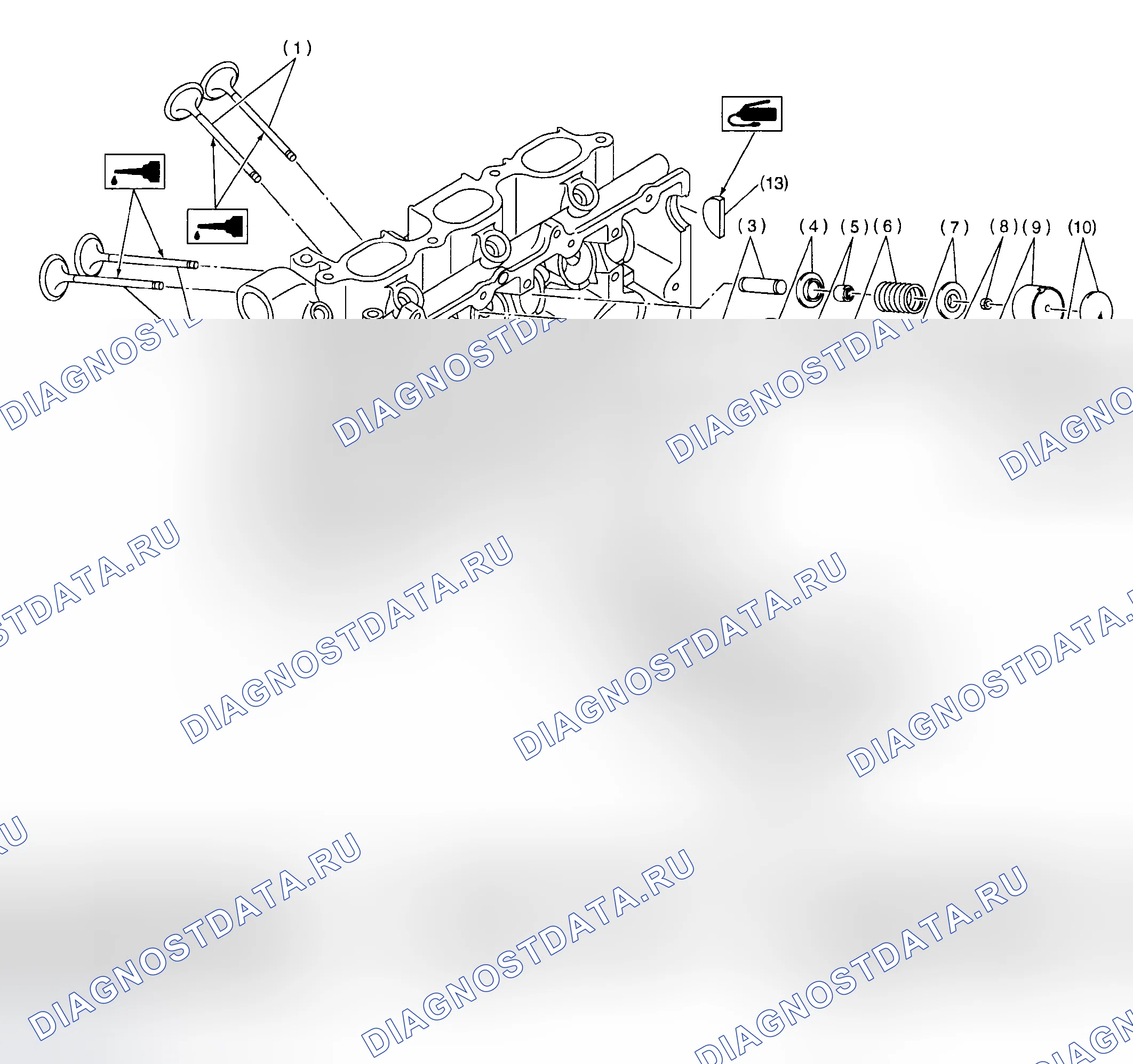 Рис. 29: Разнесенный вид головки цилиндров и клапана в сборе. Subaru Outback BH
