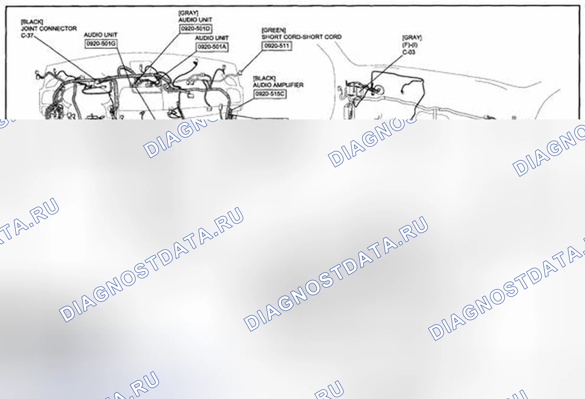 Рис. 214: Схема прокладки кабелей автомобильной навигационной системы (Bose ® Type Audio) (0920-5c) 2 из 2. Mazda CX-5 I