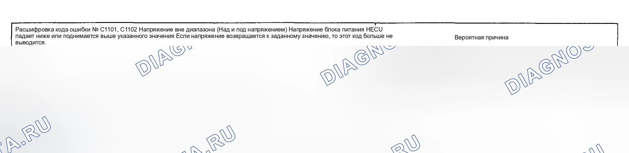 Рис. 24: расшифровка кода ошибки C1101 и C1102: Напряжение вне диапазона (низкое и повышенное напряжение). Hyundai Accent II рестайлинг