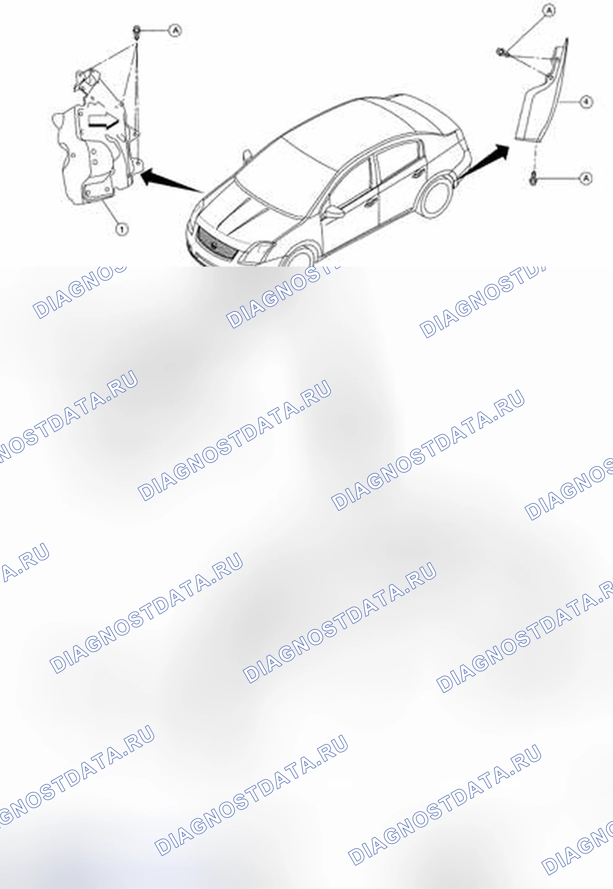 Рис. 4: Идентификация компонентов защитного устройства крыла. Nissan Sentra B16