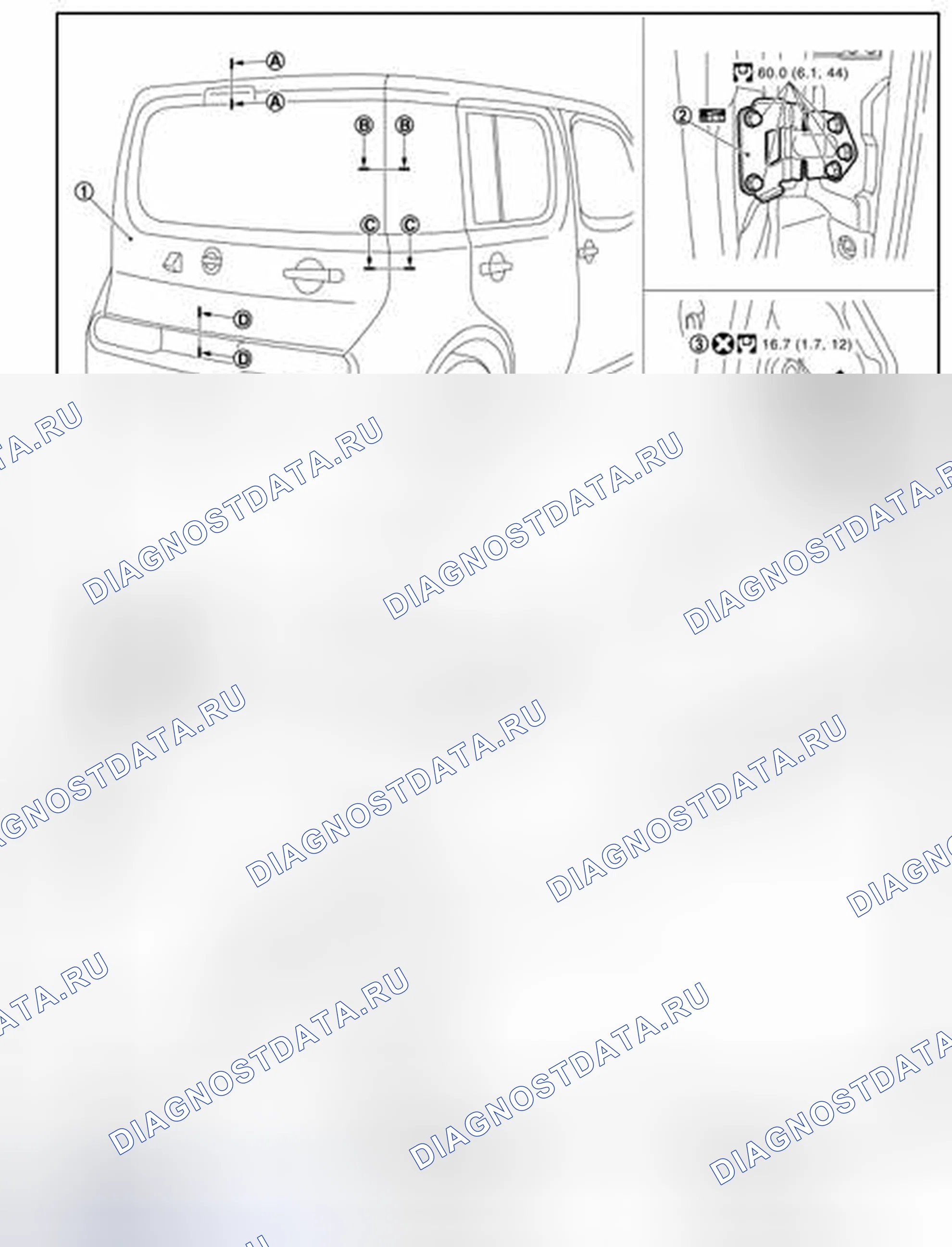 Рис. 139: ЗАДНЯЯ ДВЕРЬ В СБОРЕ: Регулировка. Nissan Cube III
