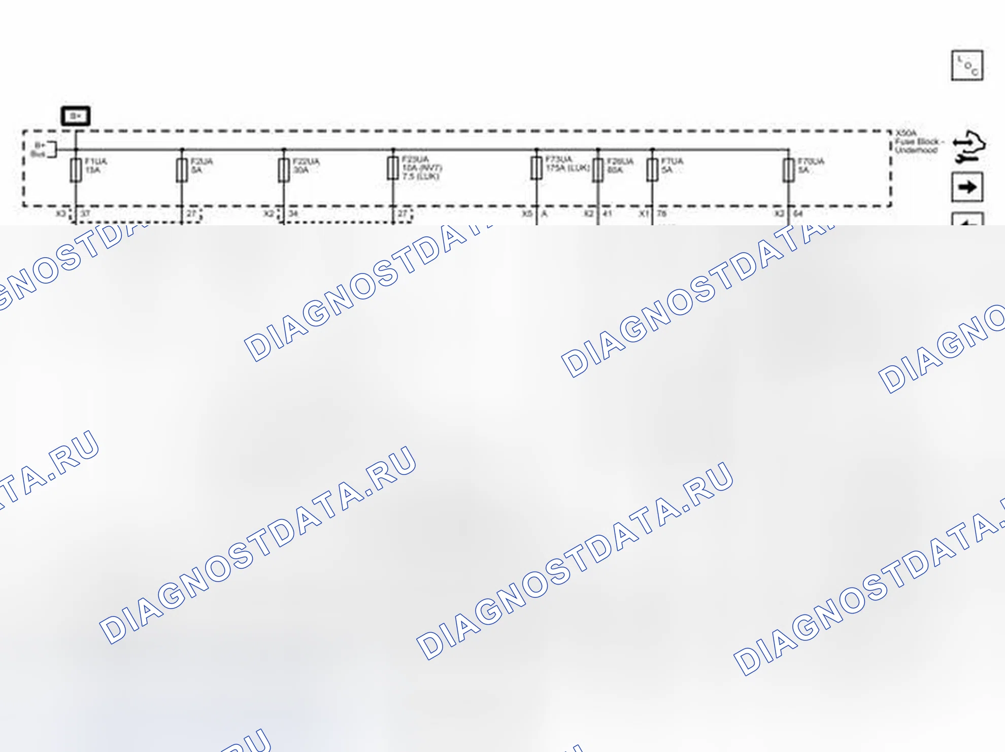 Рис. 28: F1UA, F2UA, F7UA, F22UA, F23UA, F26UA, F70UA и плавкие предохранители F73UA. Buick LaCrosse II рестайлинг