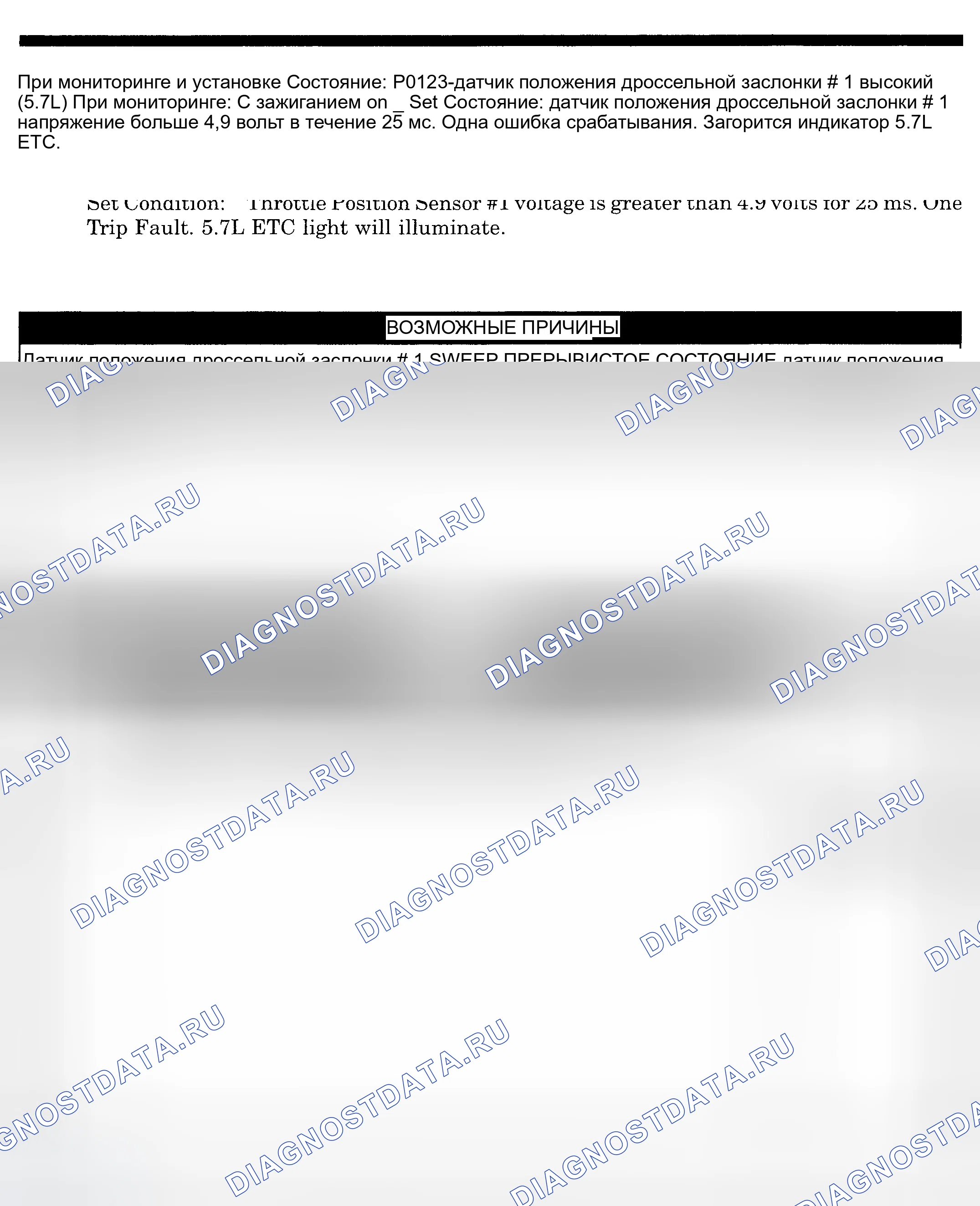 Рис. 457: расшифровка кода ошибки P0123: ДАТЧИК ПОЛОЖЕНИЯ ДРОССЕЛЬНОЙ ЗАСЛОНКИ № 1 ВЫСОКИЙ (5.7л). Dodge Pickup R2500 